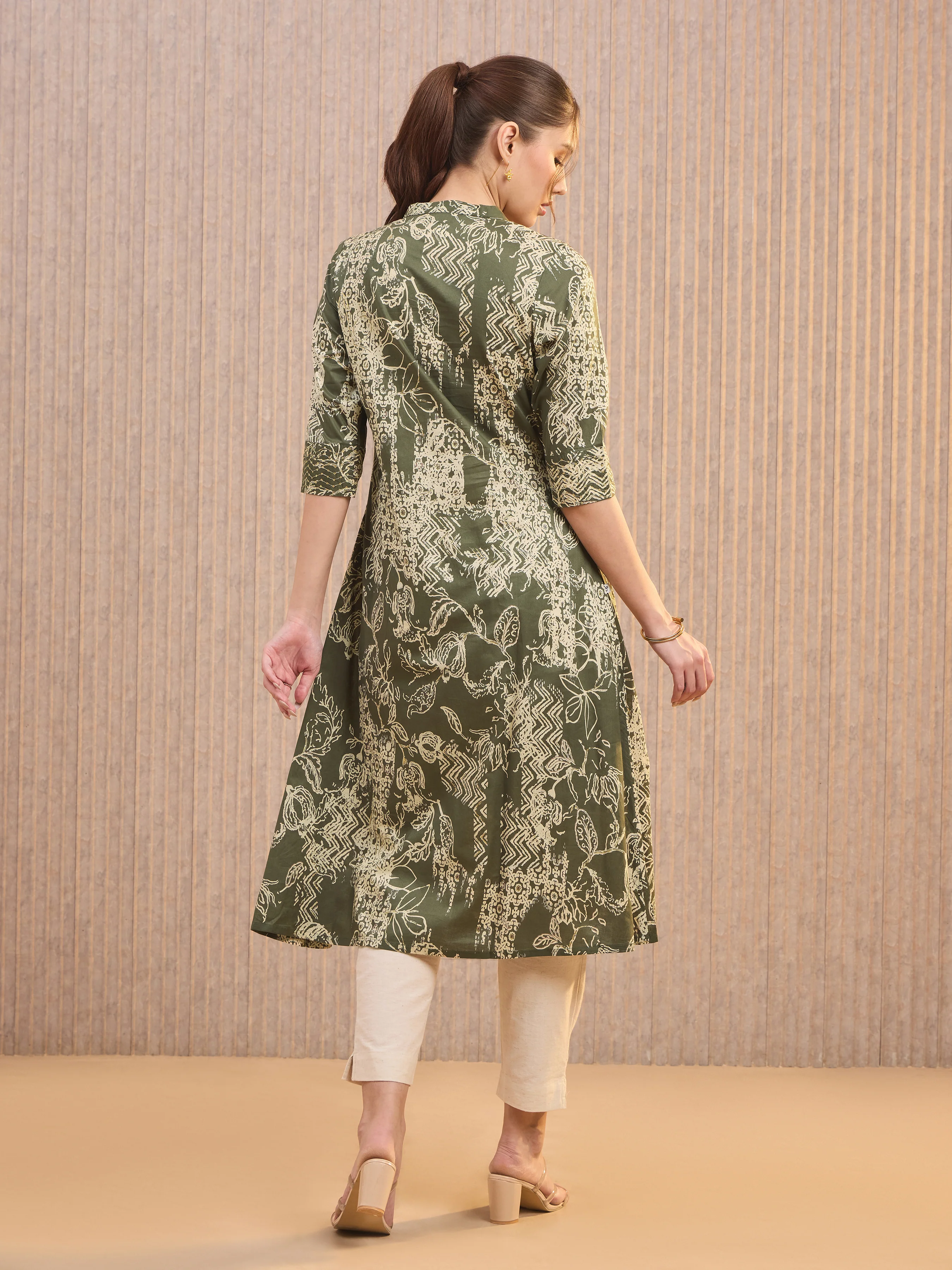 Olive Green Pure Cotton Foil Printed Kurti With Sequins Embroidery - Image 5