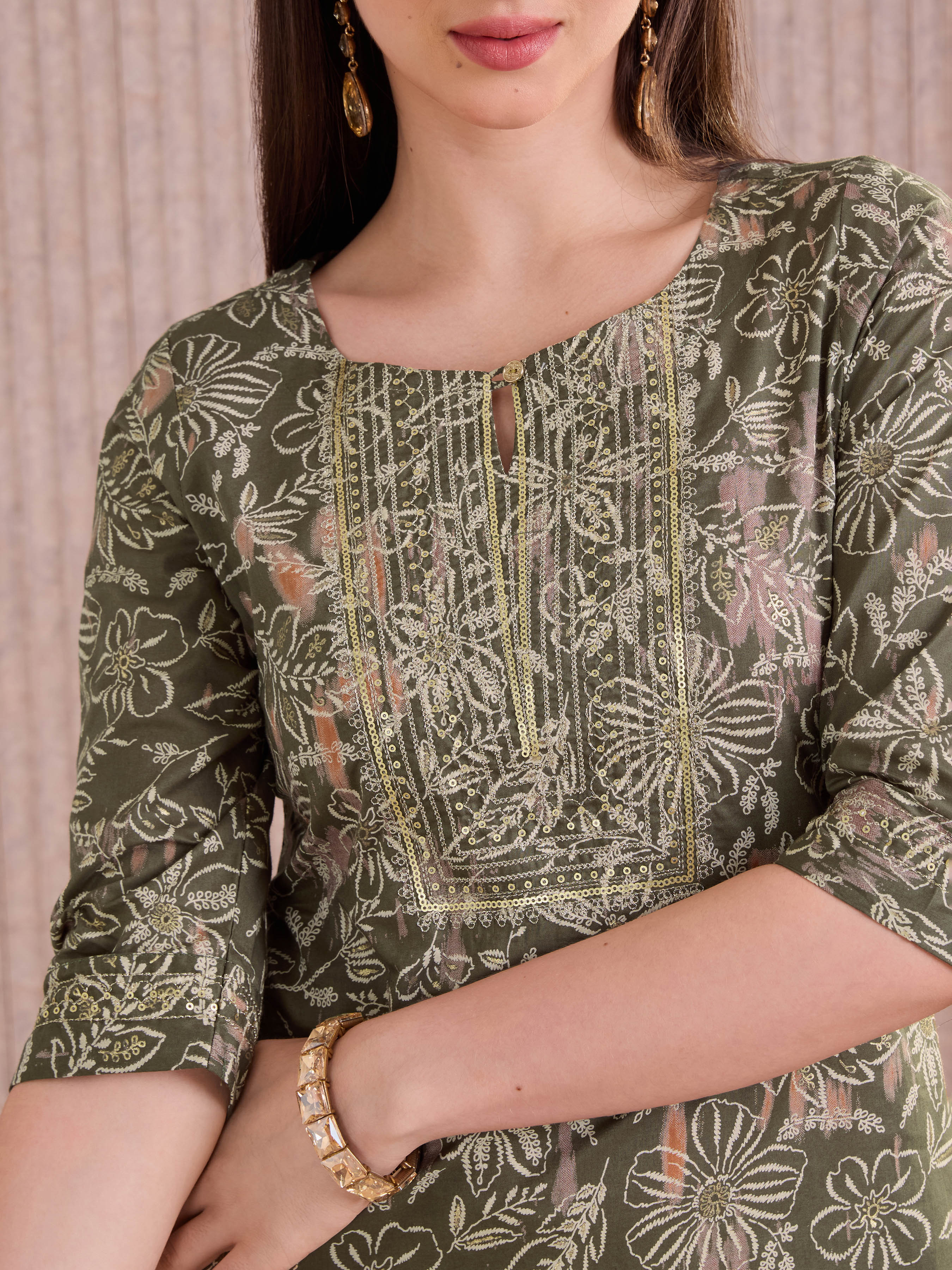 Olive Green Pure Cotton Foil Printed Kurti With Sequins Embroidery - Image 2