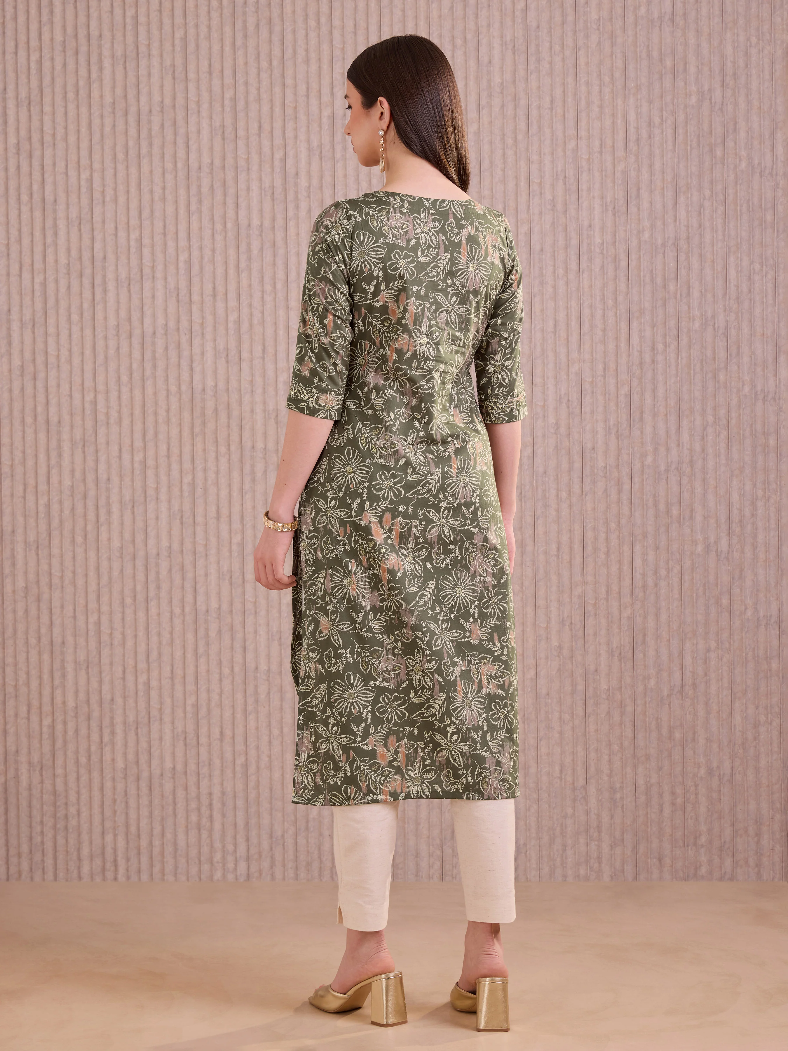 Olive Green Pure Cotton Foil Printed Kurti With Sequins Embroidery - Image 5