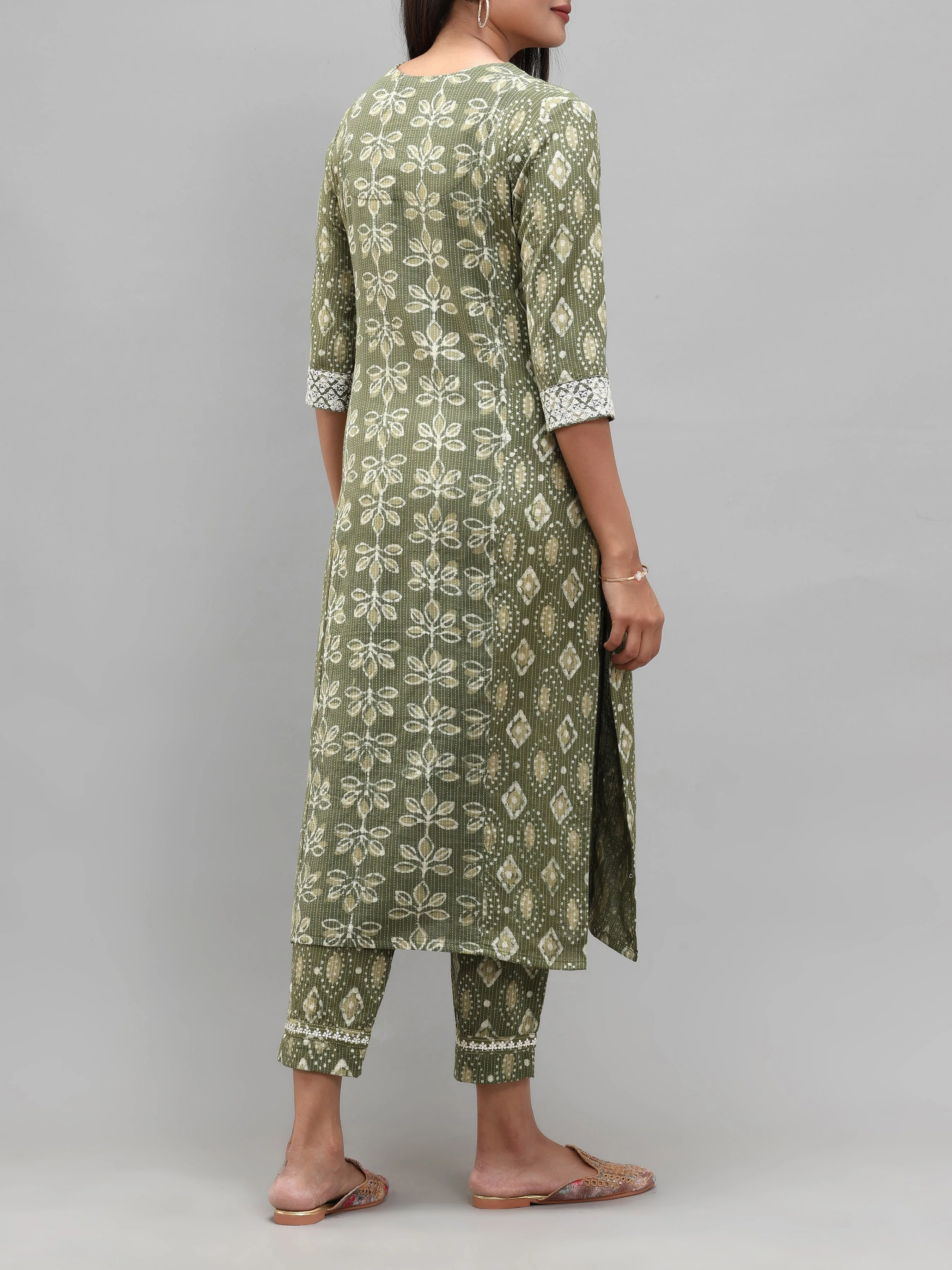 Olive Green Pure Cotton Printed Kurti With Embroidery And Matching Bottom - Image 6