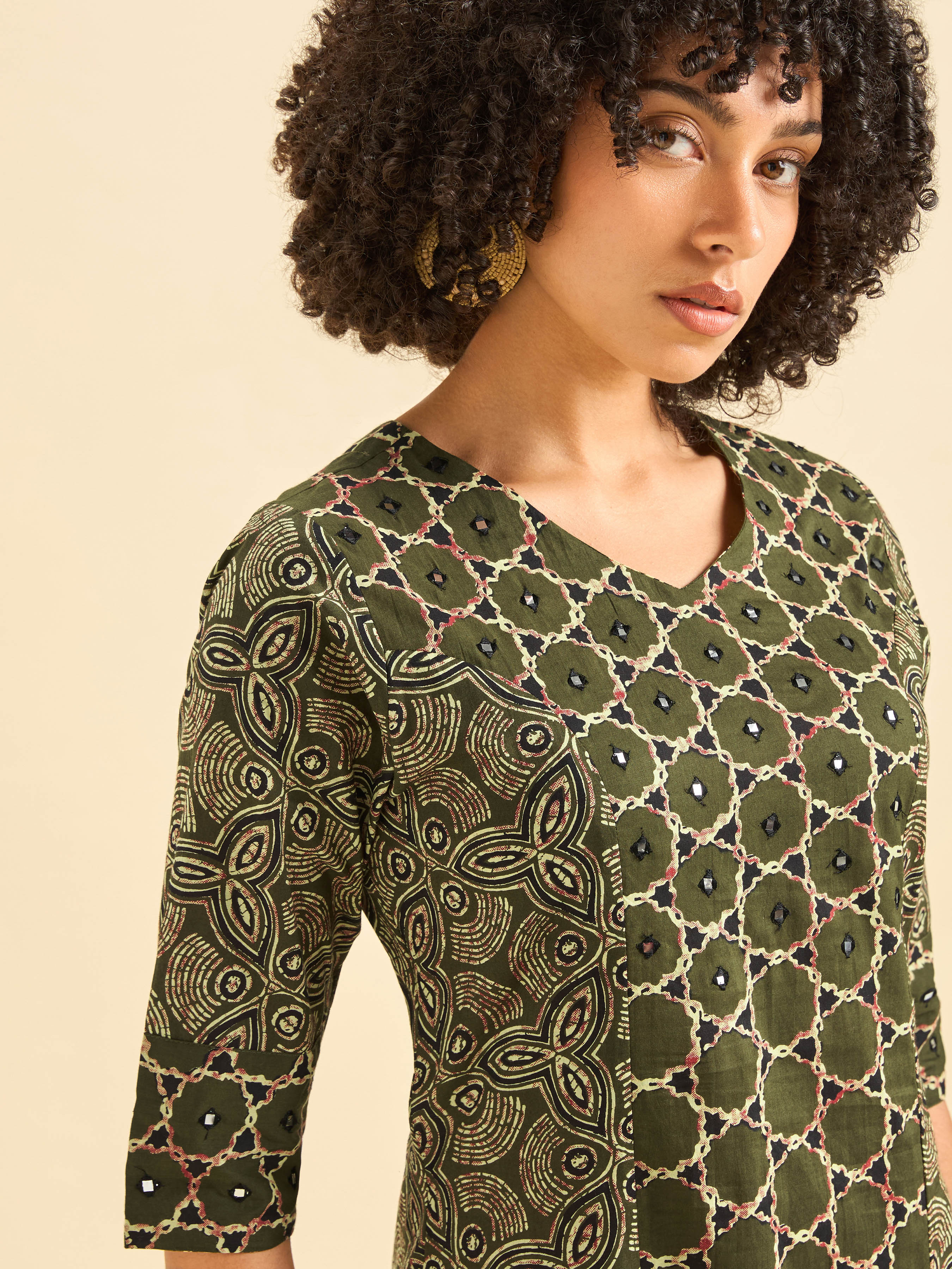 Olive Green Pure Cotton Printed Kurti With Mirror Work - Image 2