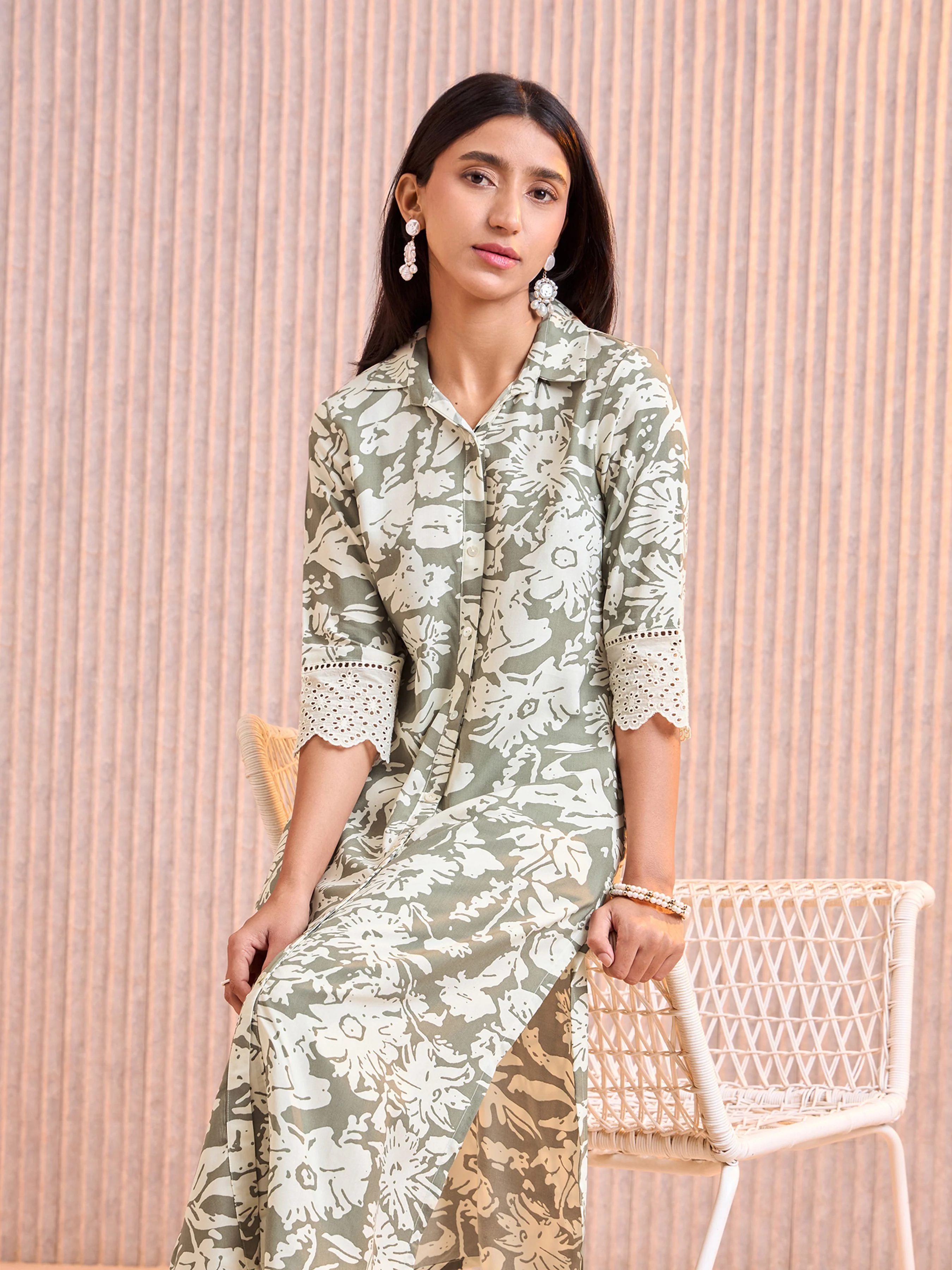 Olive Green Viscose Printed Kurti With Lace - Image 3