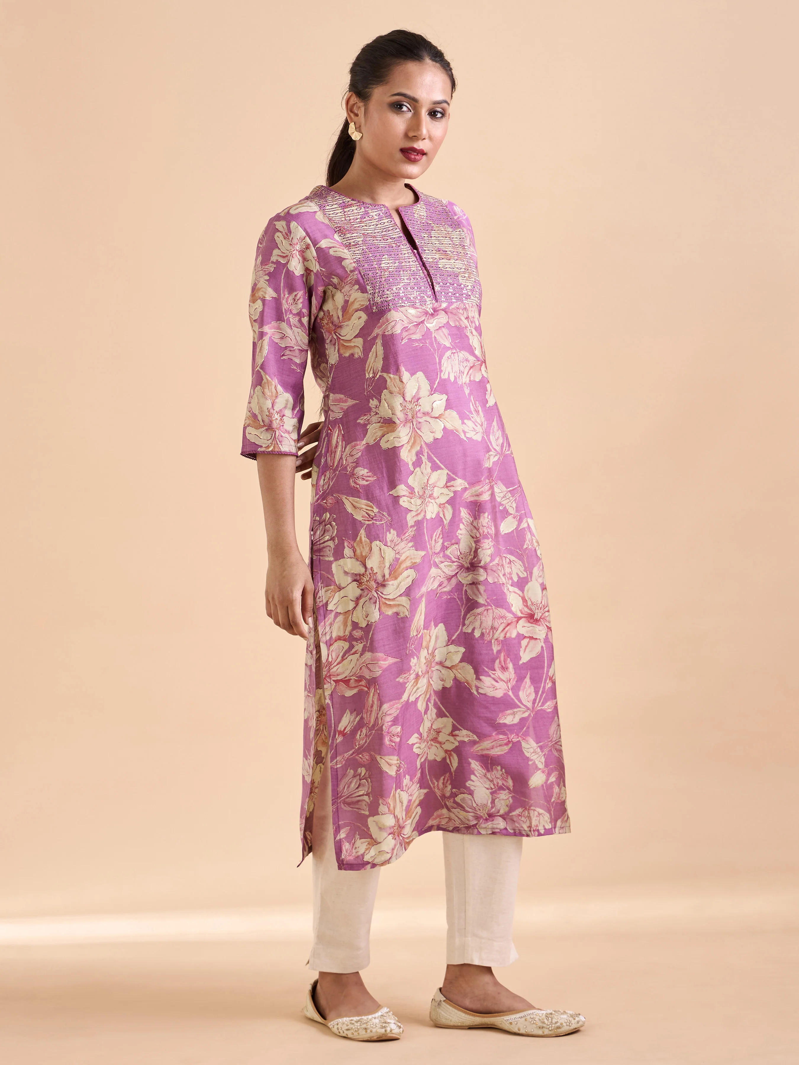 Onion Pink And Beige Modal Chanderi Printed Kurti With Seequins Work - Image 4