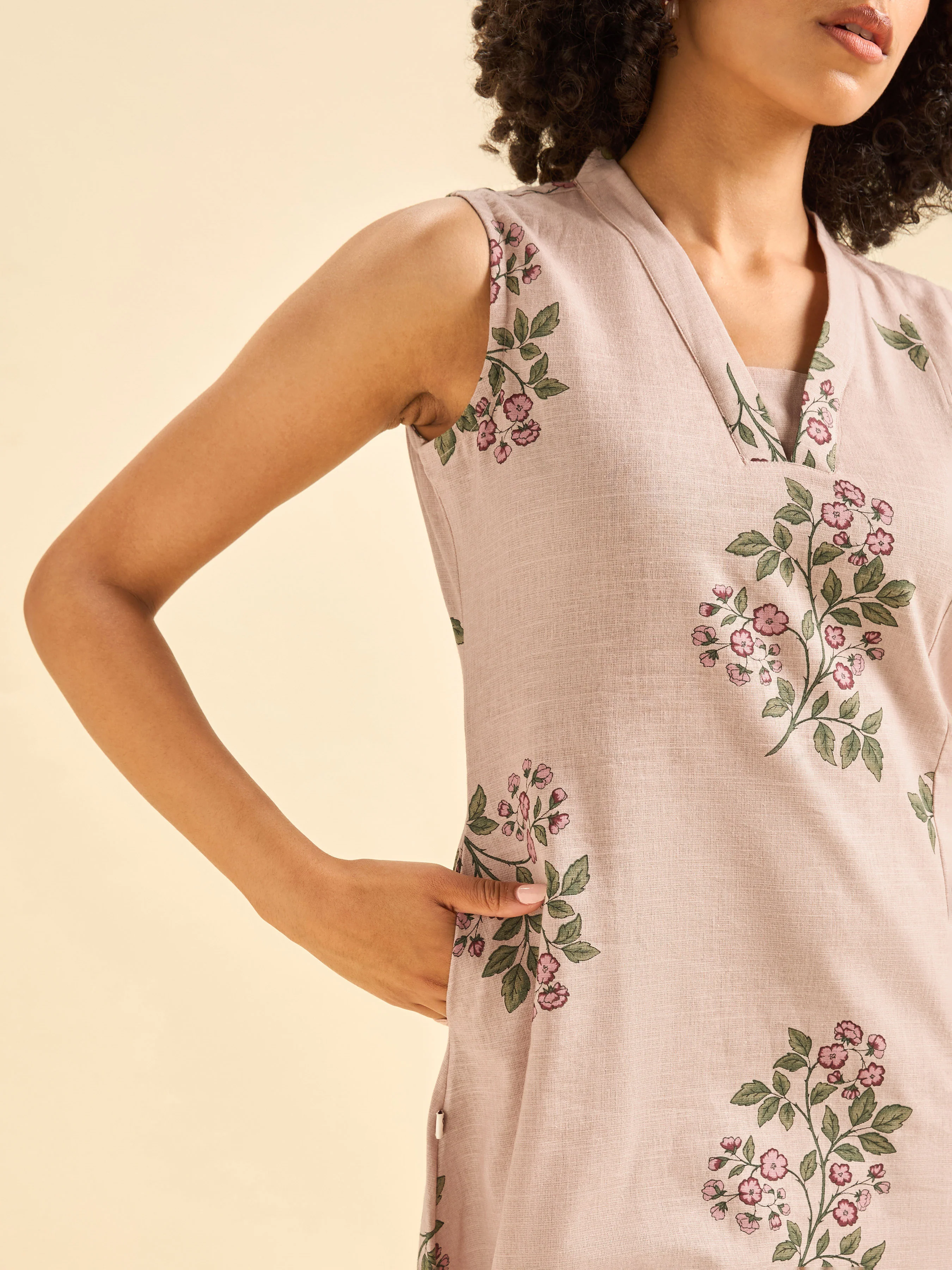 Onion Pink Cotton Flax Slub Sleeveless Kurti Set - Image 3