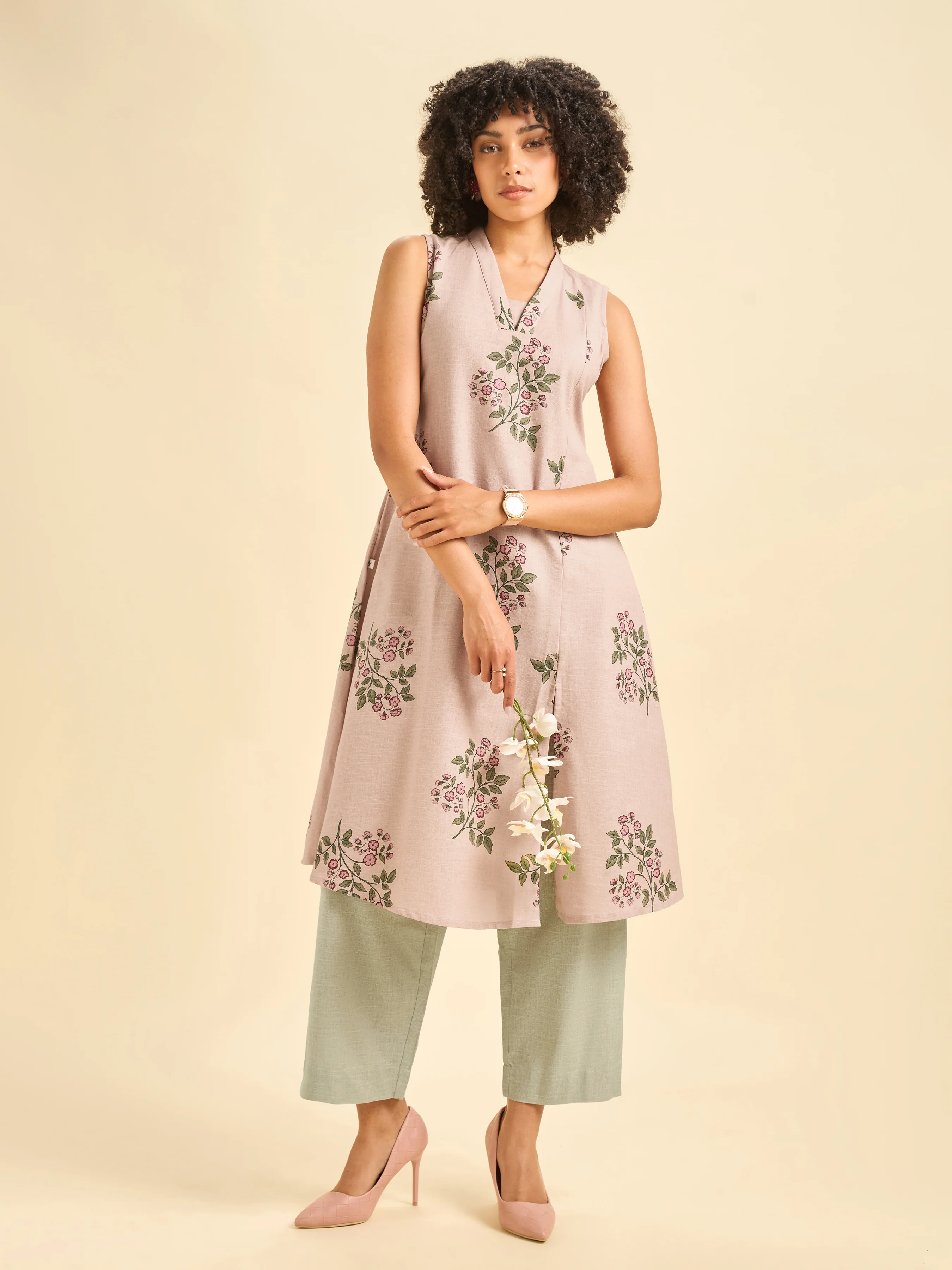 Onion Pink Cotton Flax Slub Sleeveless Kurti Set - Image 5