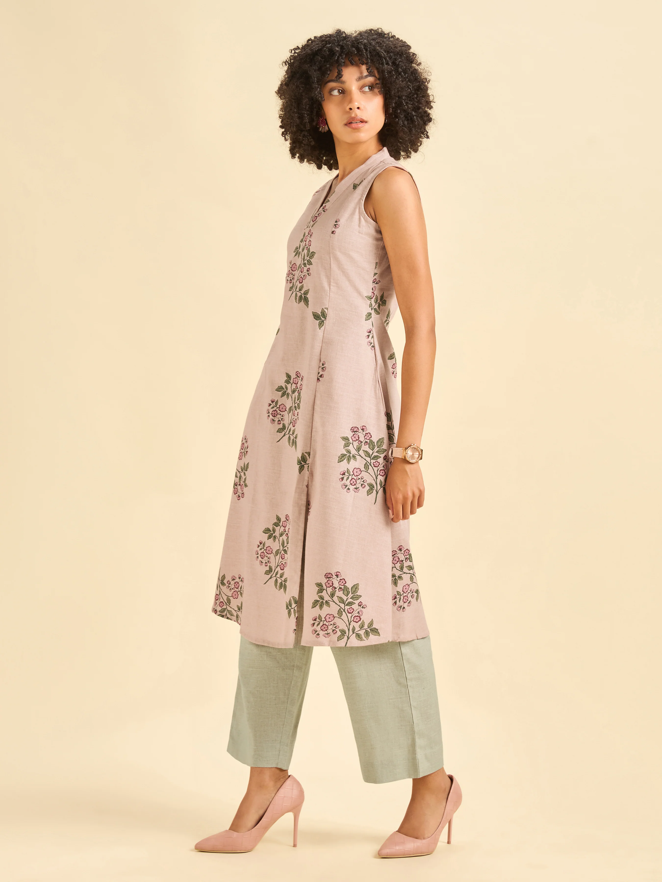 Onion Pink Cotton Flax Slub Sleeveless Kurti Set - Image 6