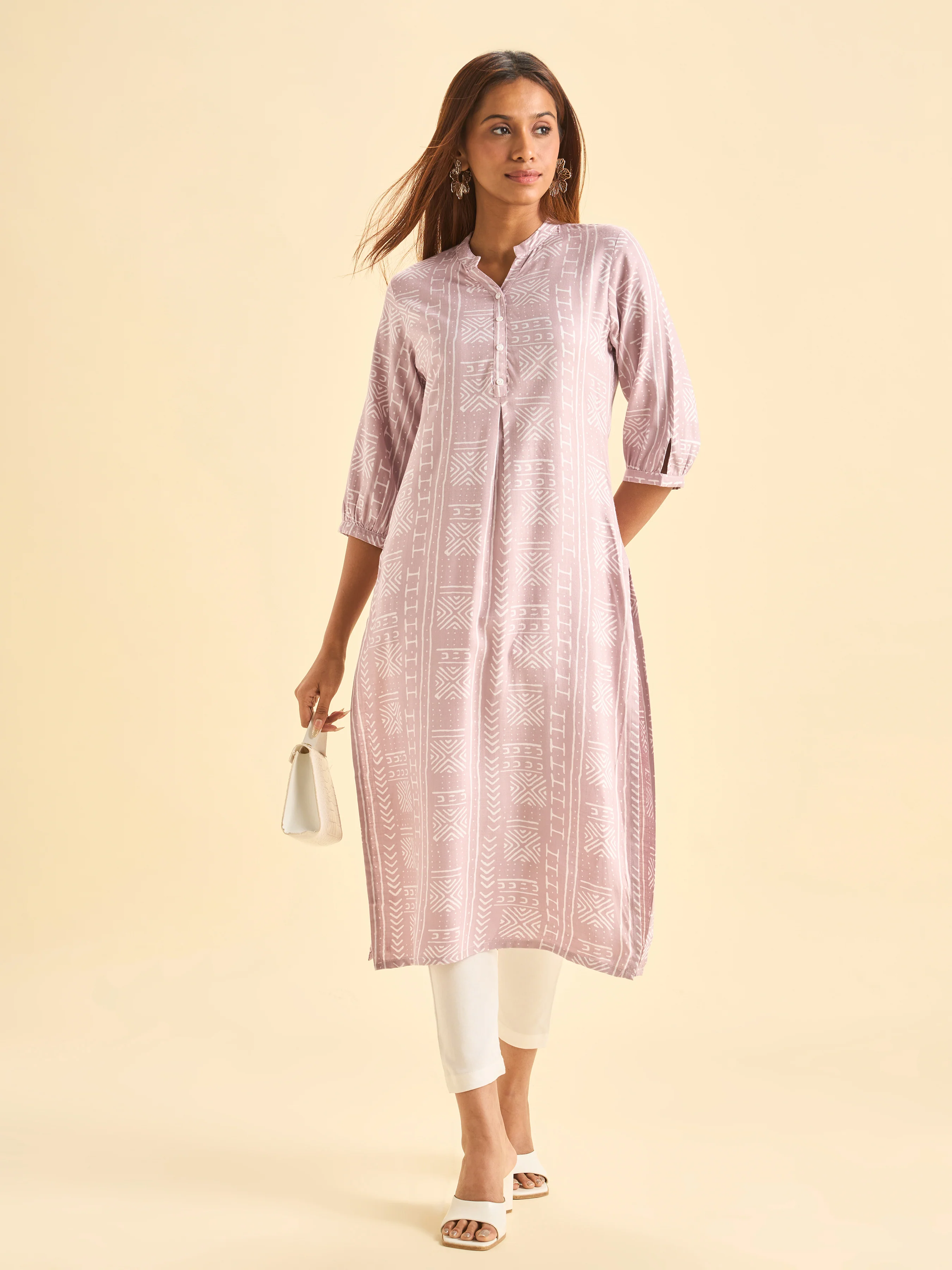 Onion Pink And Ivory Tencel Print Slitted Kurti With Box Pleat