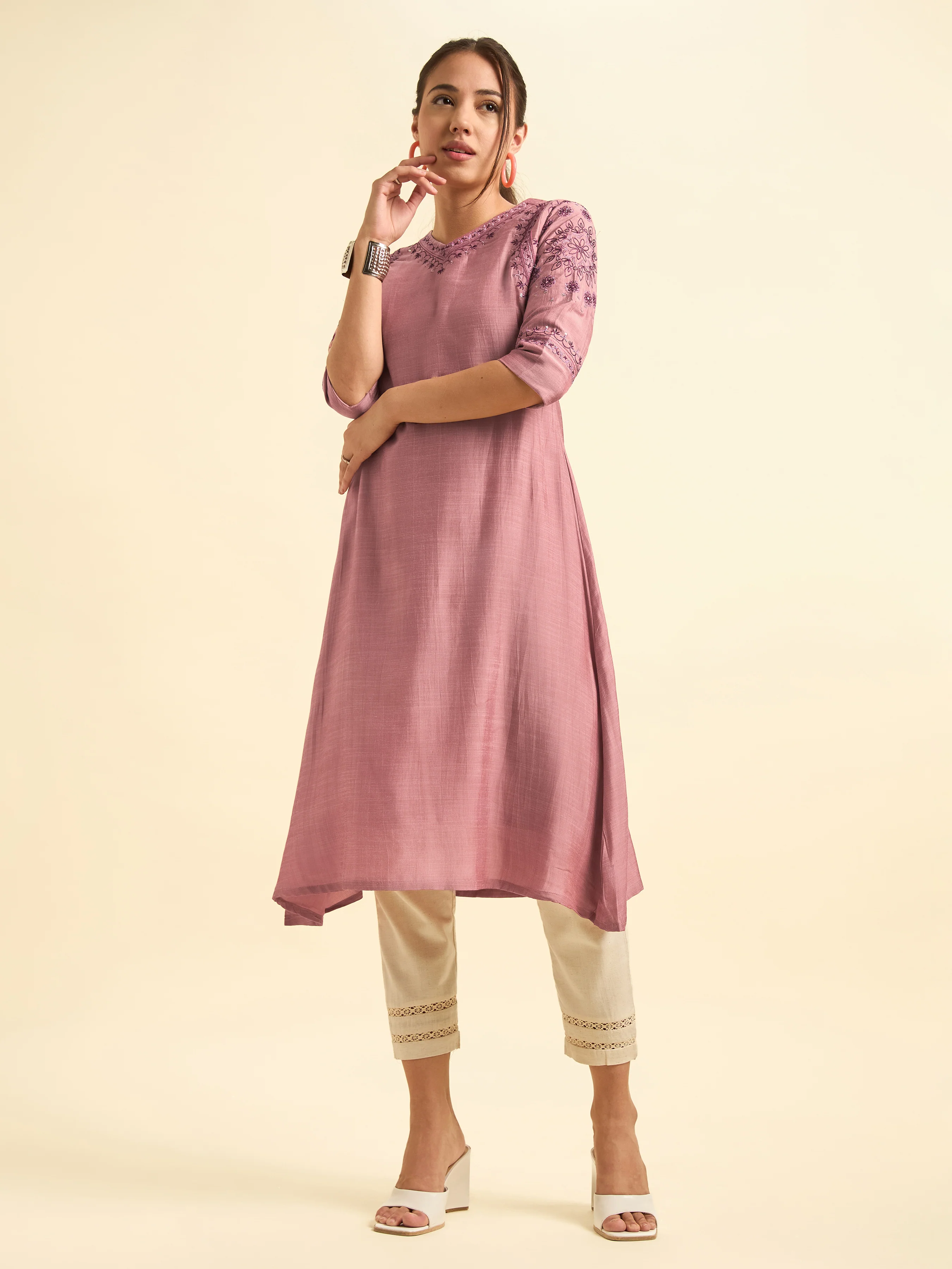 Onion Pink Viscose Blend Plain Flared Kurti With Embroidery And Sequins Work - Image 3