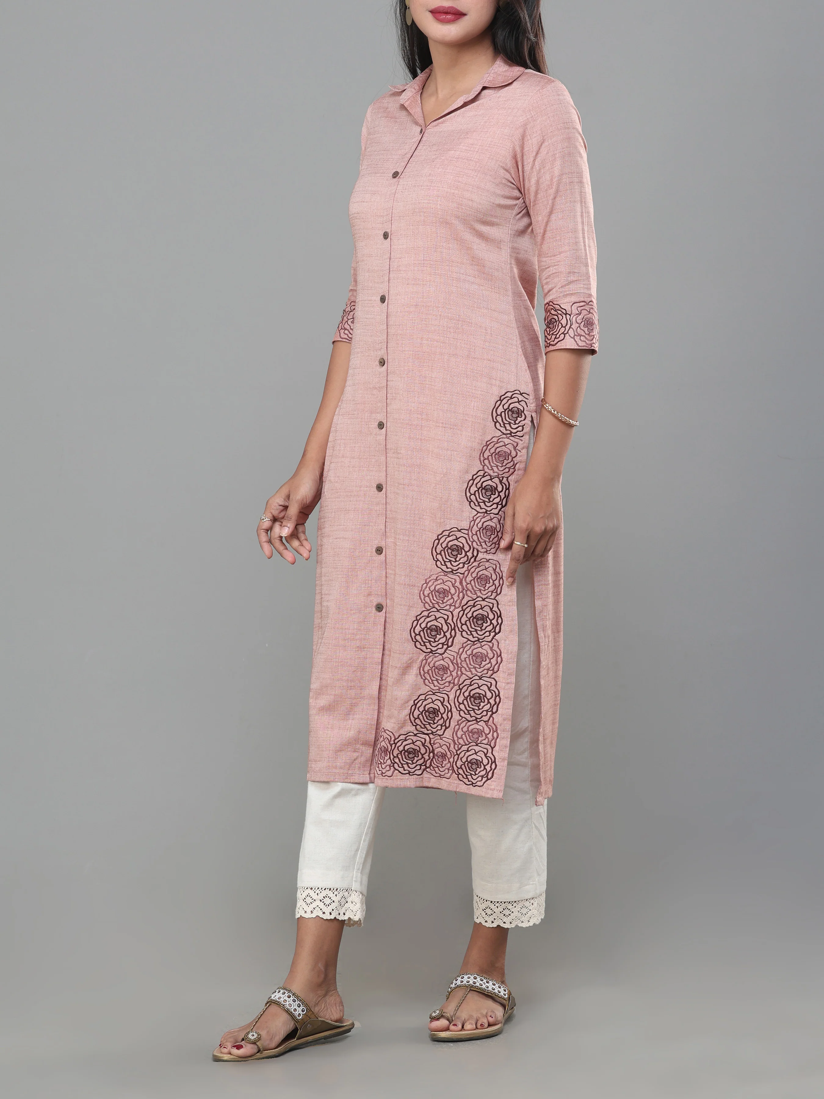 Onion Pink Viscose Cotton Kurti With Embroidery - Image 4