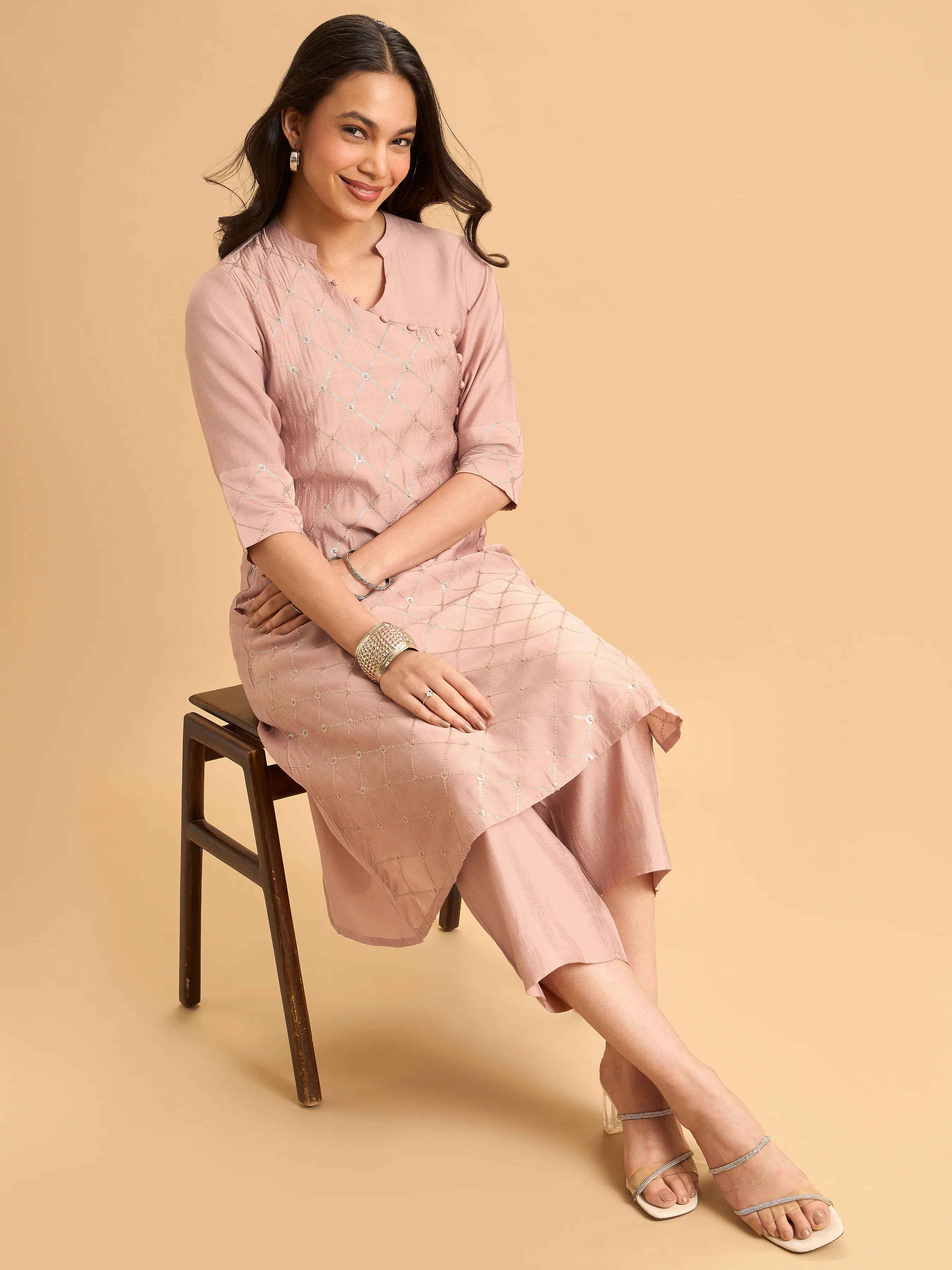 Onion Pink Viscose Plain Kurti Set With Hand Work Embroidery - Image 2