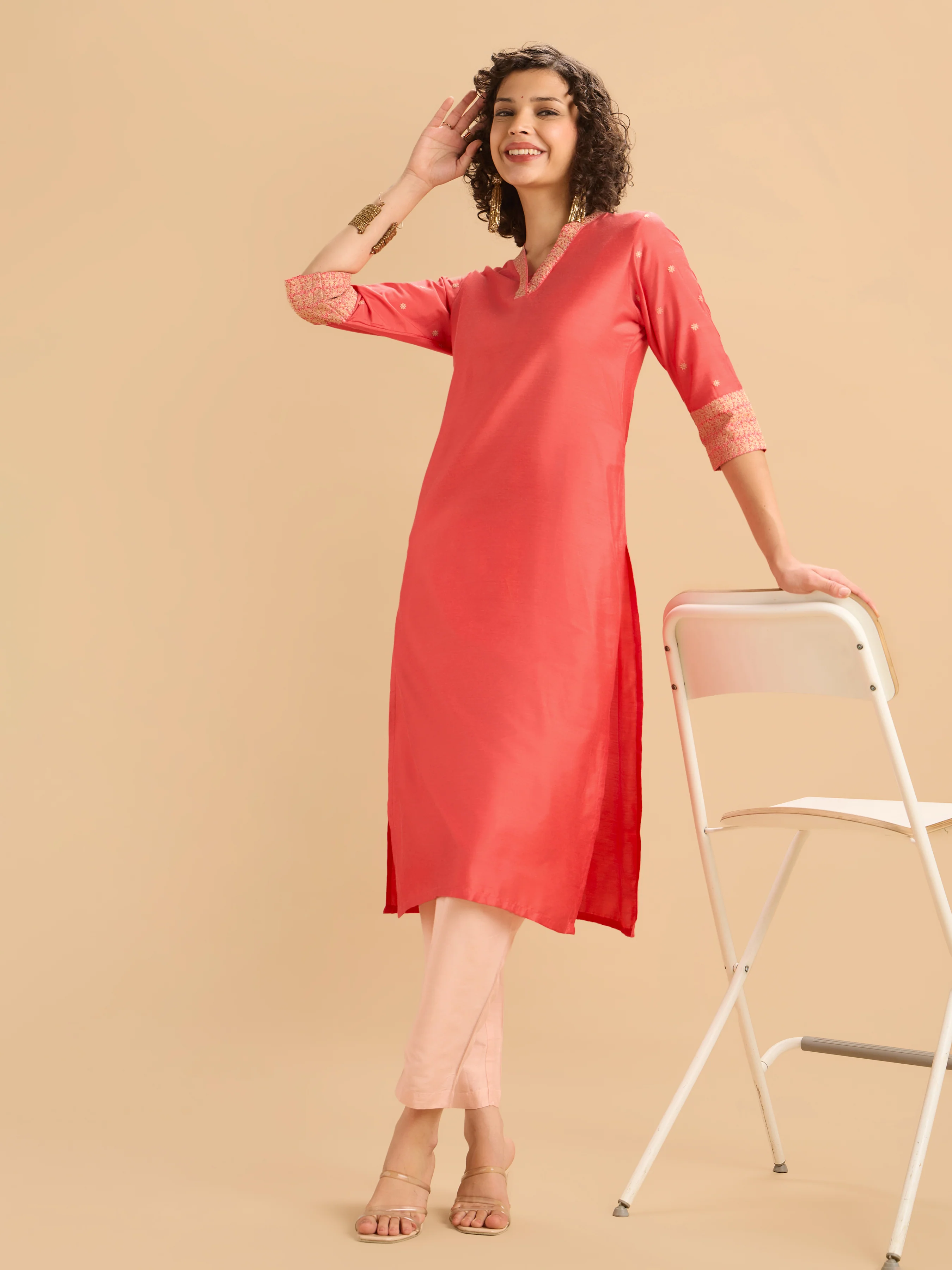 Orange Viscose Blend Plain Kurti Set With Embroidery - Image 3
