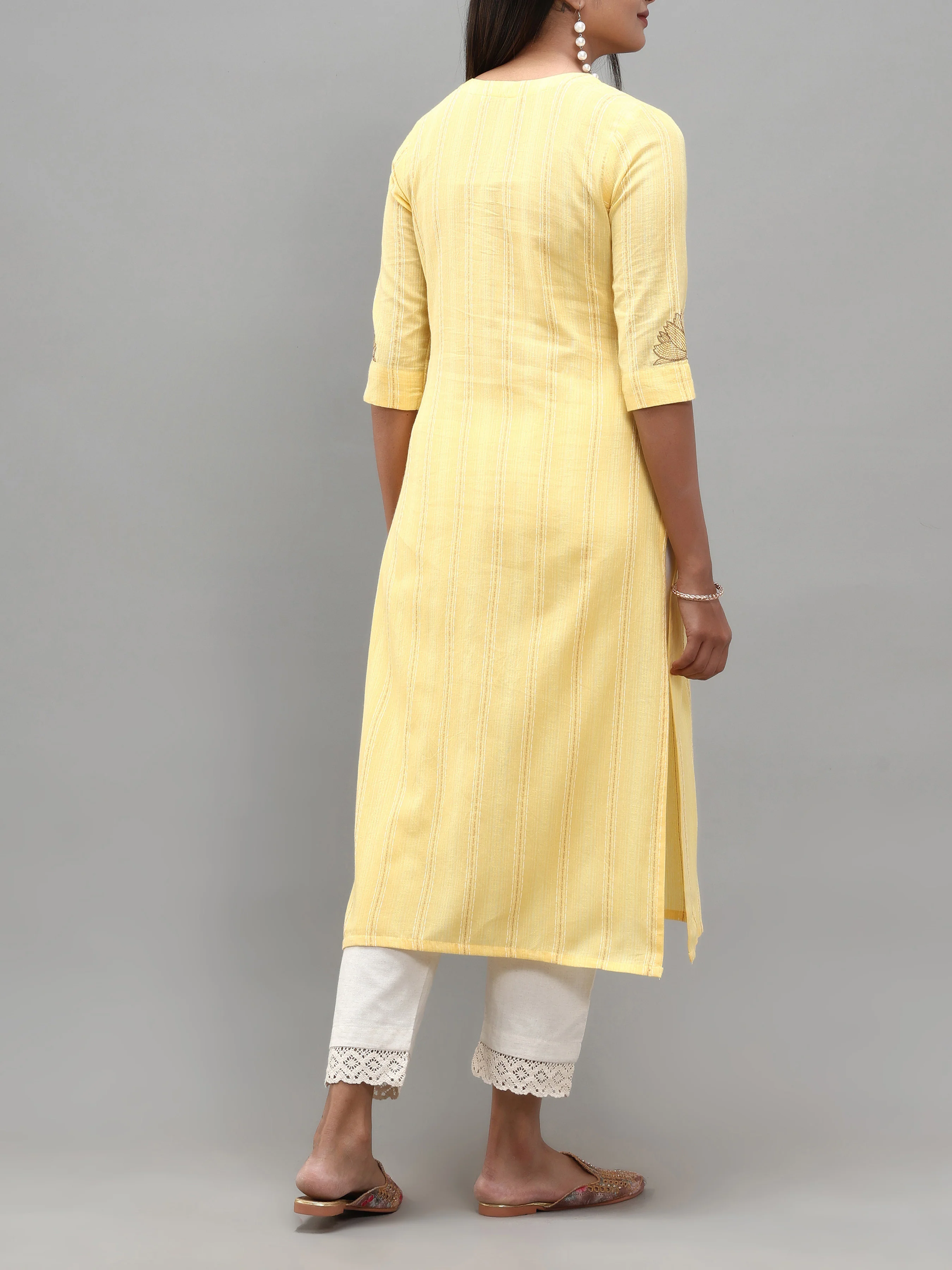 Pale Yellow Cotton Dobby Kurti With Embroidery - Image 5