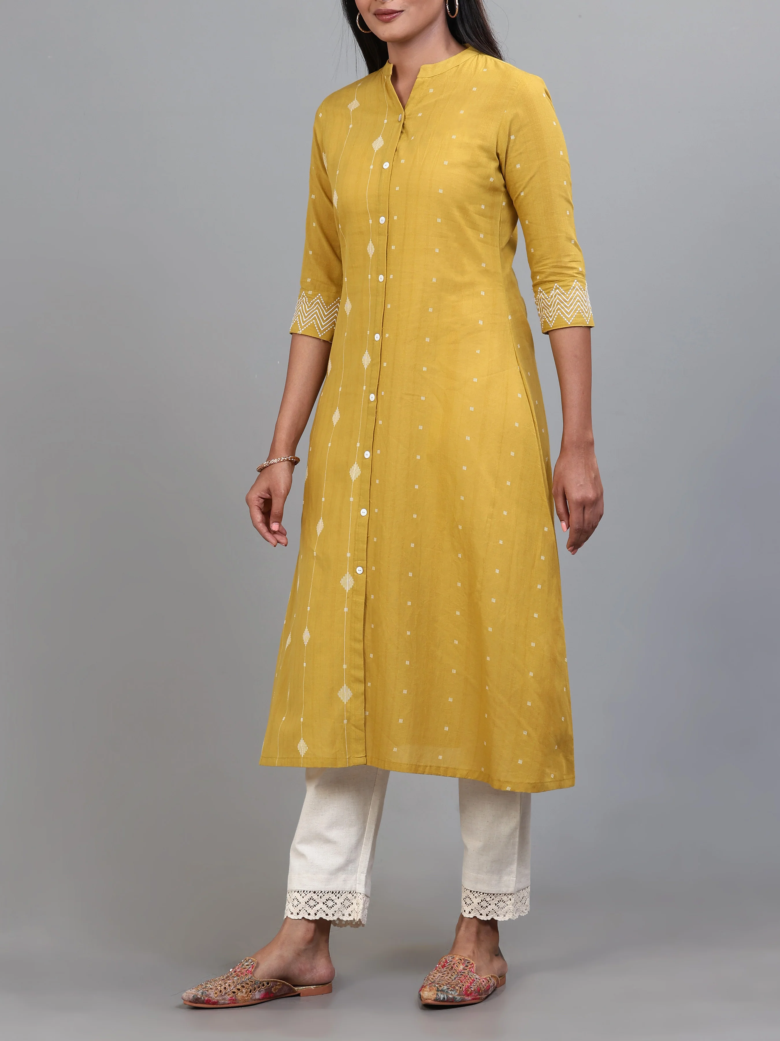 Pale Yellow Cotton Dobby Kurti With Embroidery - Image 4