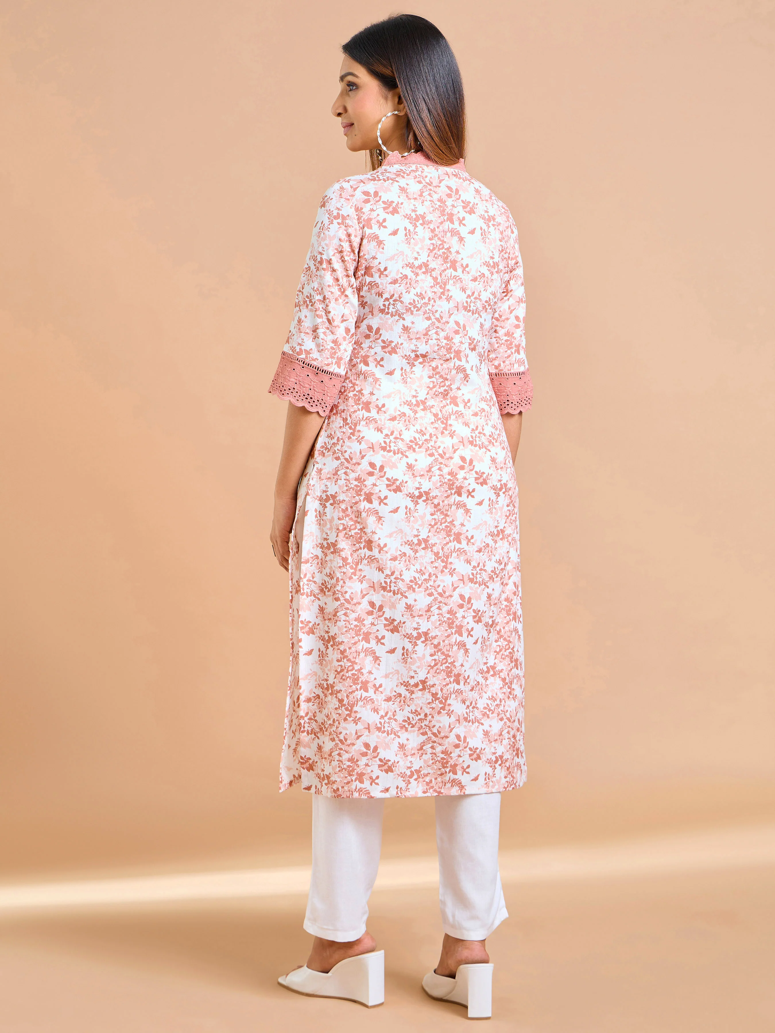 Peach Cotton Flax Printed Kurti With Lace - Image 5