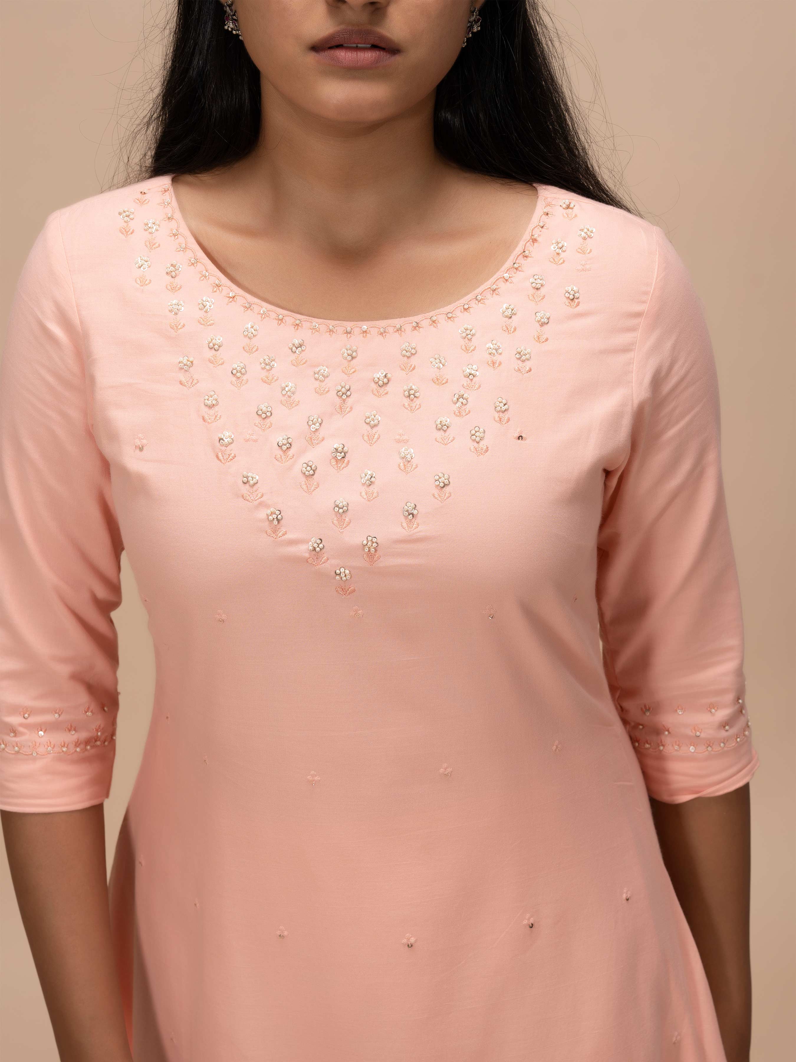 Peach Pure Cotton Kurti With Handwork - Image 2