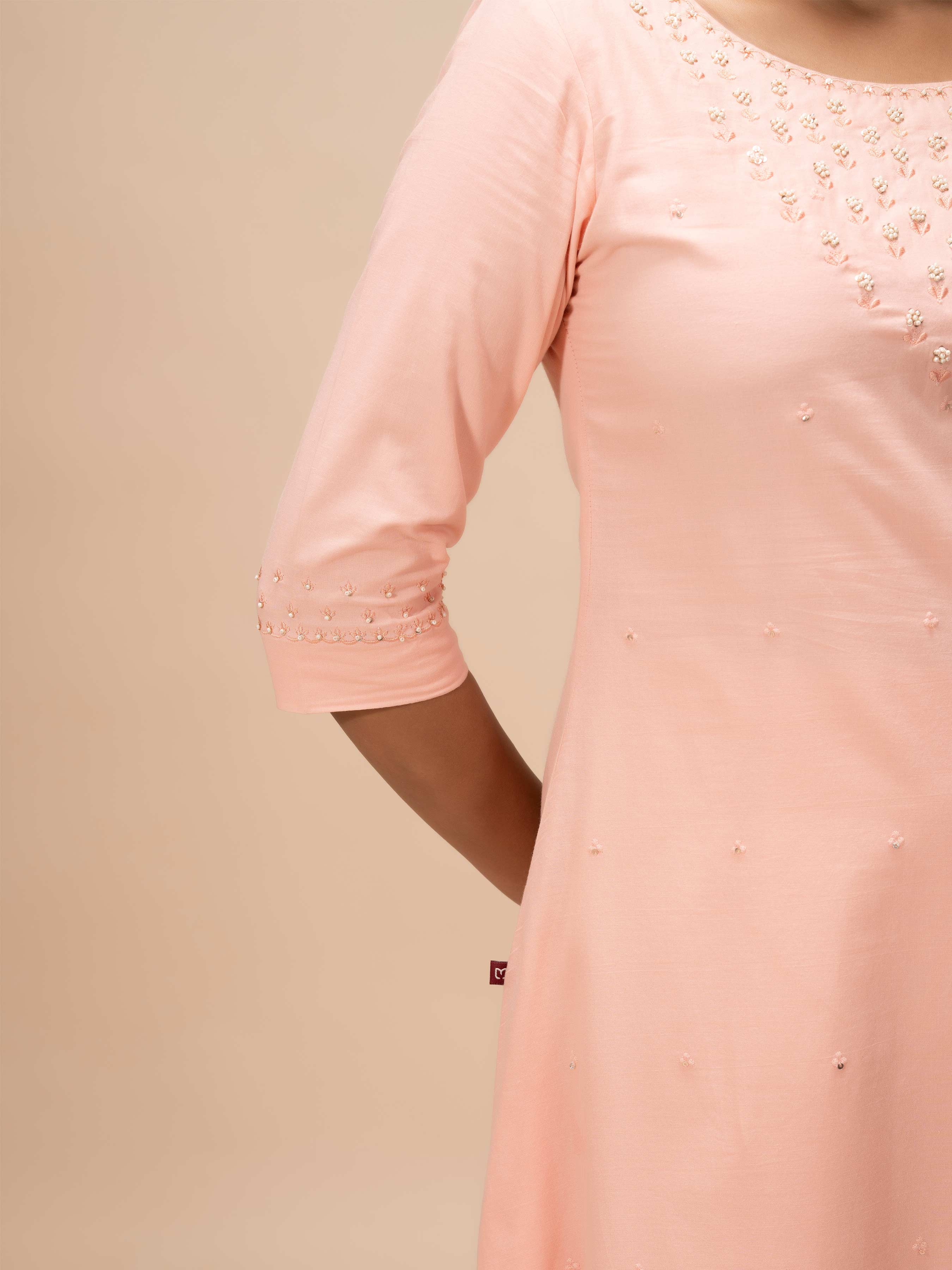 Peach Pure Cotton Kurti With Handwork - Image 3