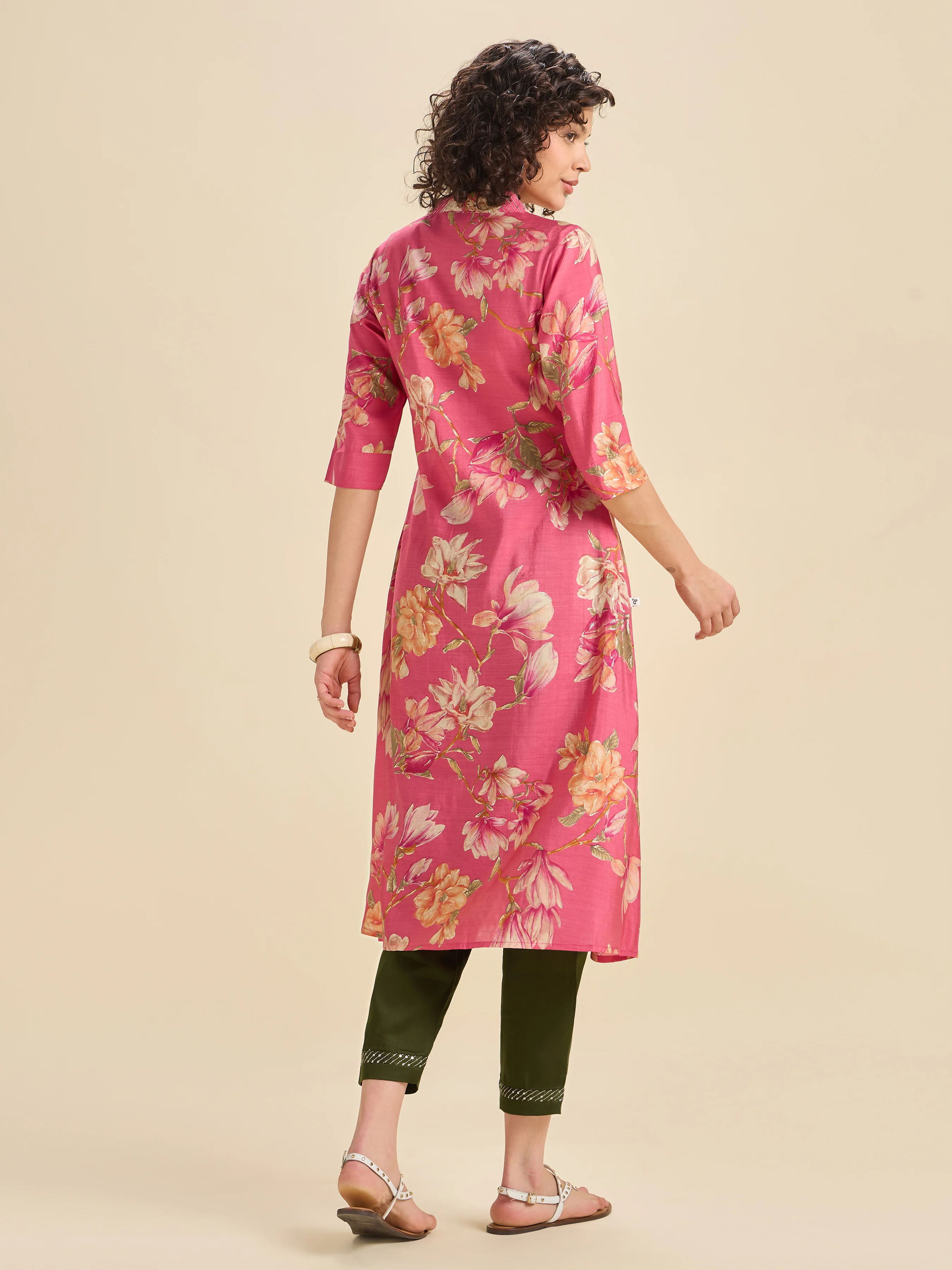 Pink Modal Chanderi Flared Printed Kurti Set With Embroidery - Image 3