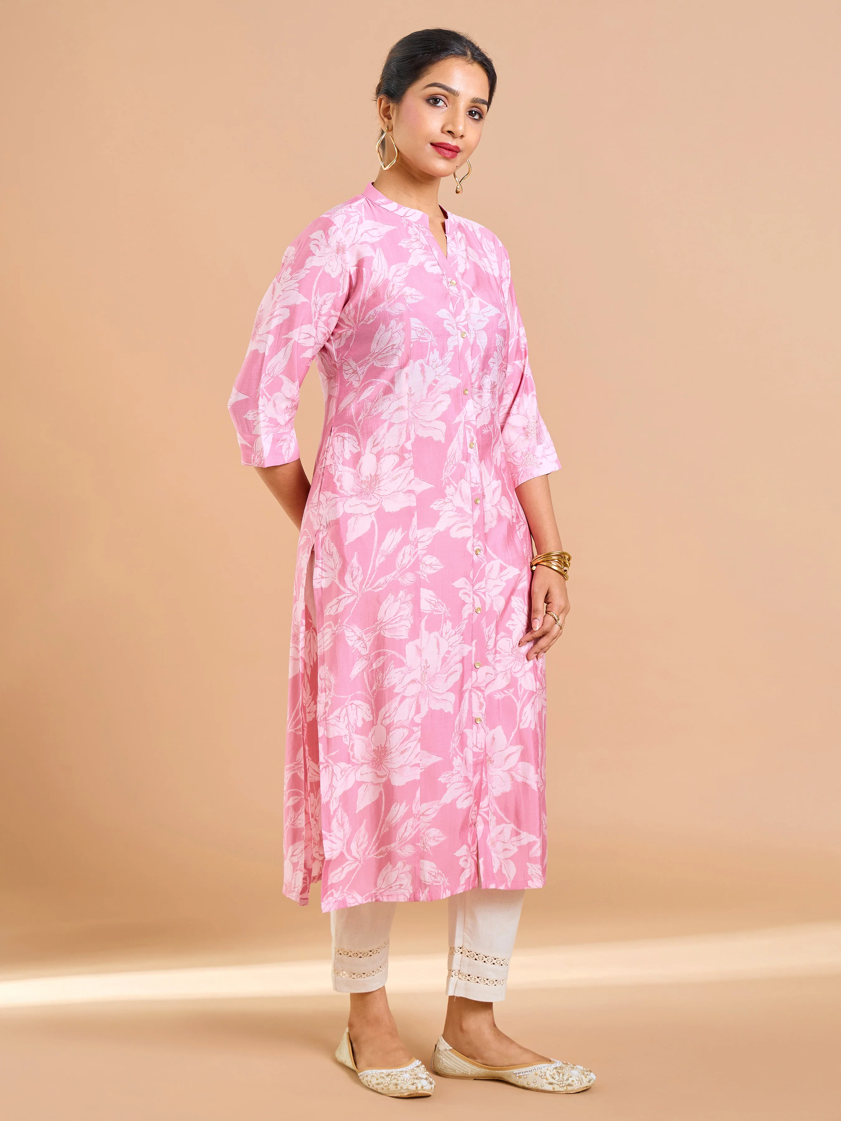 Pink Modal Chanderi Foil Printed Kurti With Princess Cut - Image 4