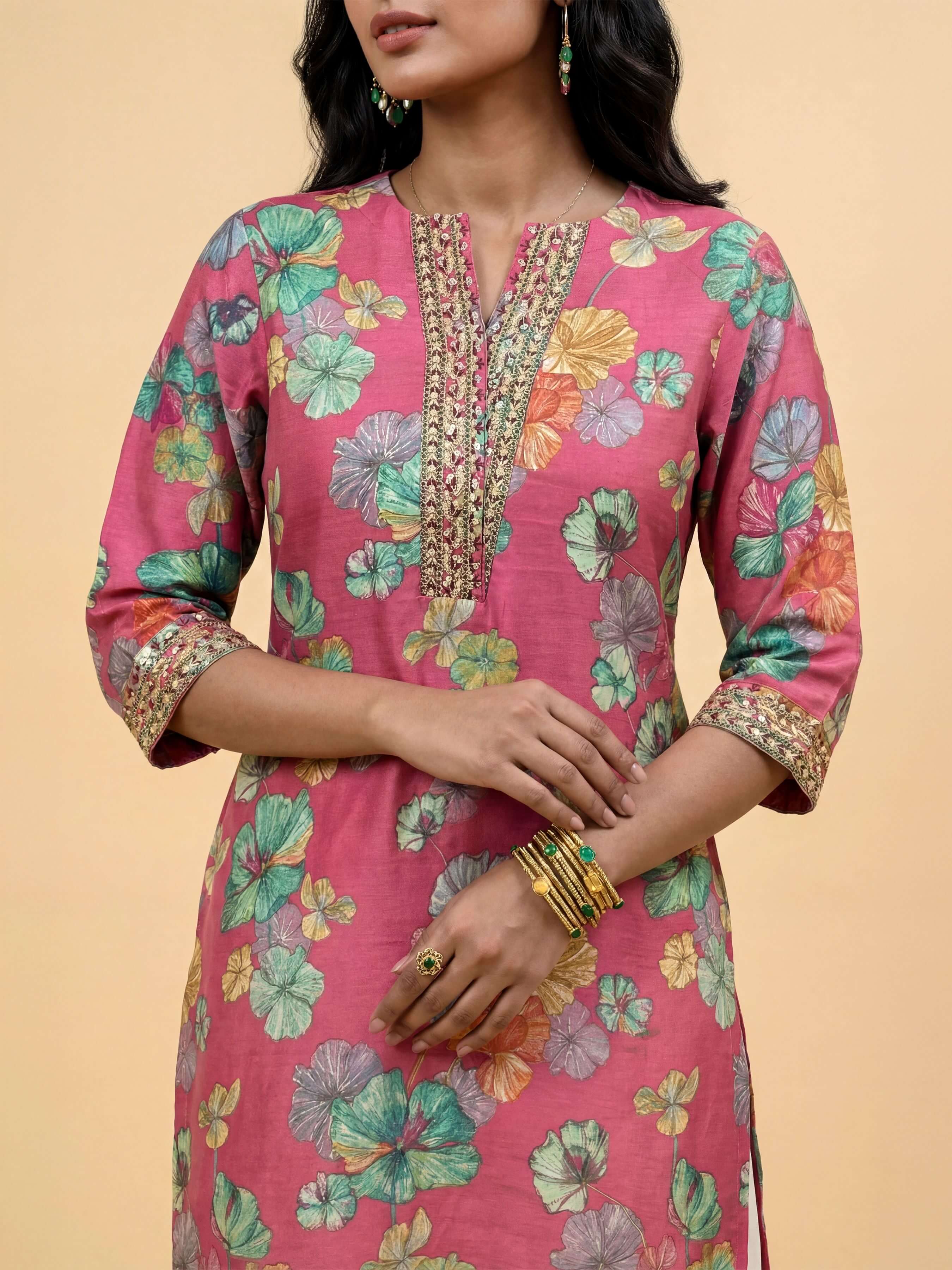 Pink Multi Viscose Blend Printed Slitted Kurti With Embroidery Sequins Work - Image 2