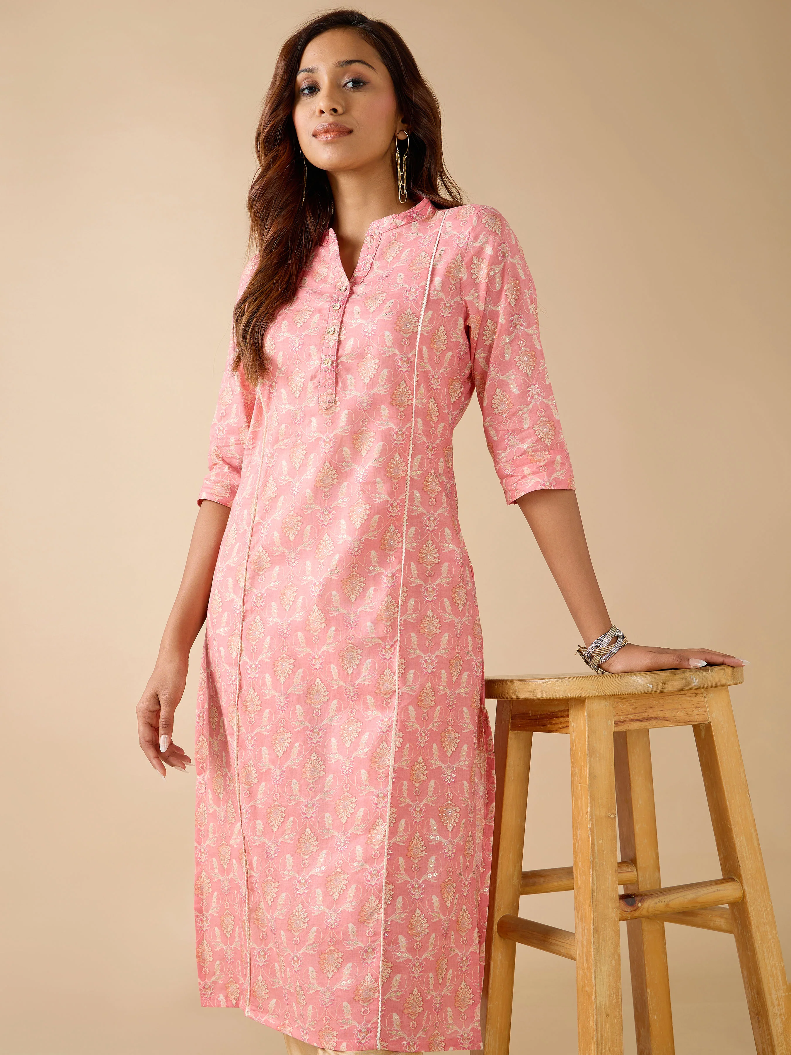 Pink Pure Cotton Foil Printed Kurti With Lace And Embroidery - Image 3