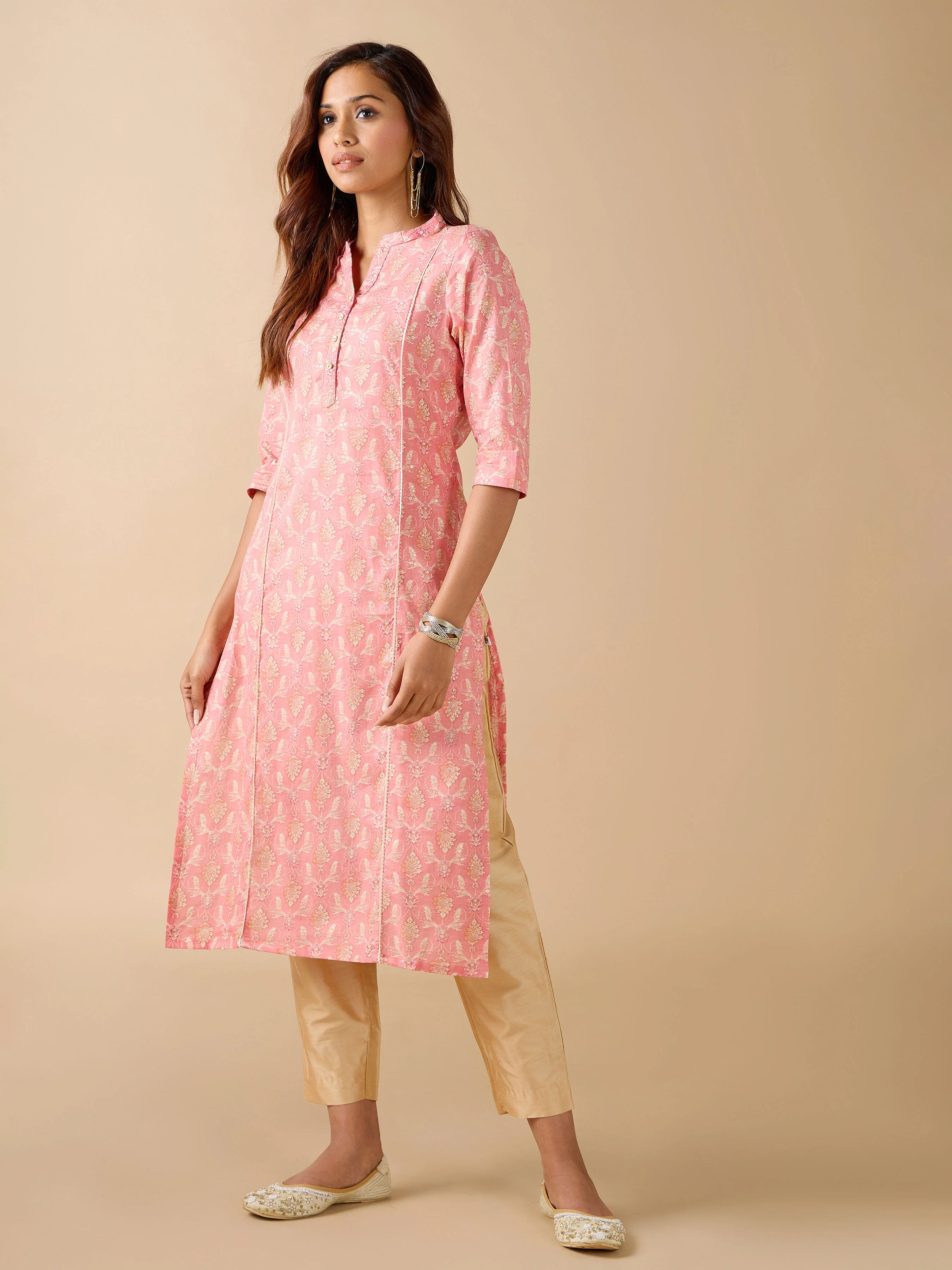 Pink Pure Cotton Foil Printed Kurti With Lace And Embroidery - Image 4