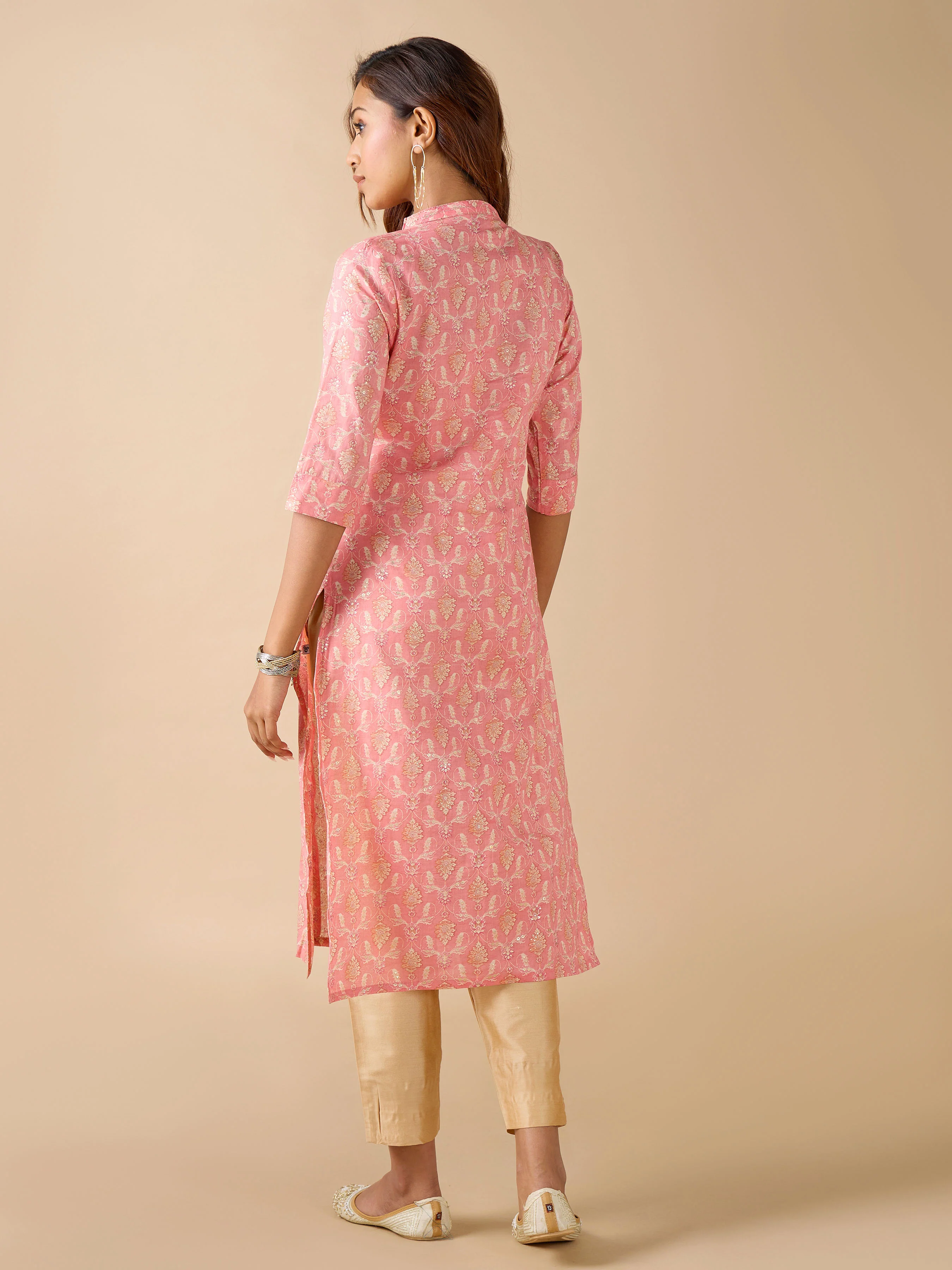 Pink Pure Cotton Foil Printed Kurti With Lace And Embroidery - Image 5