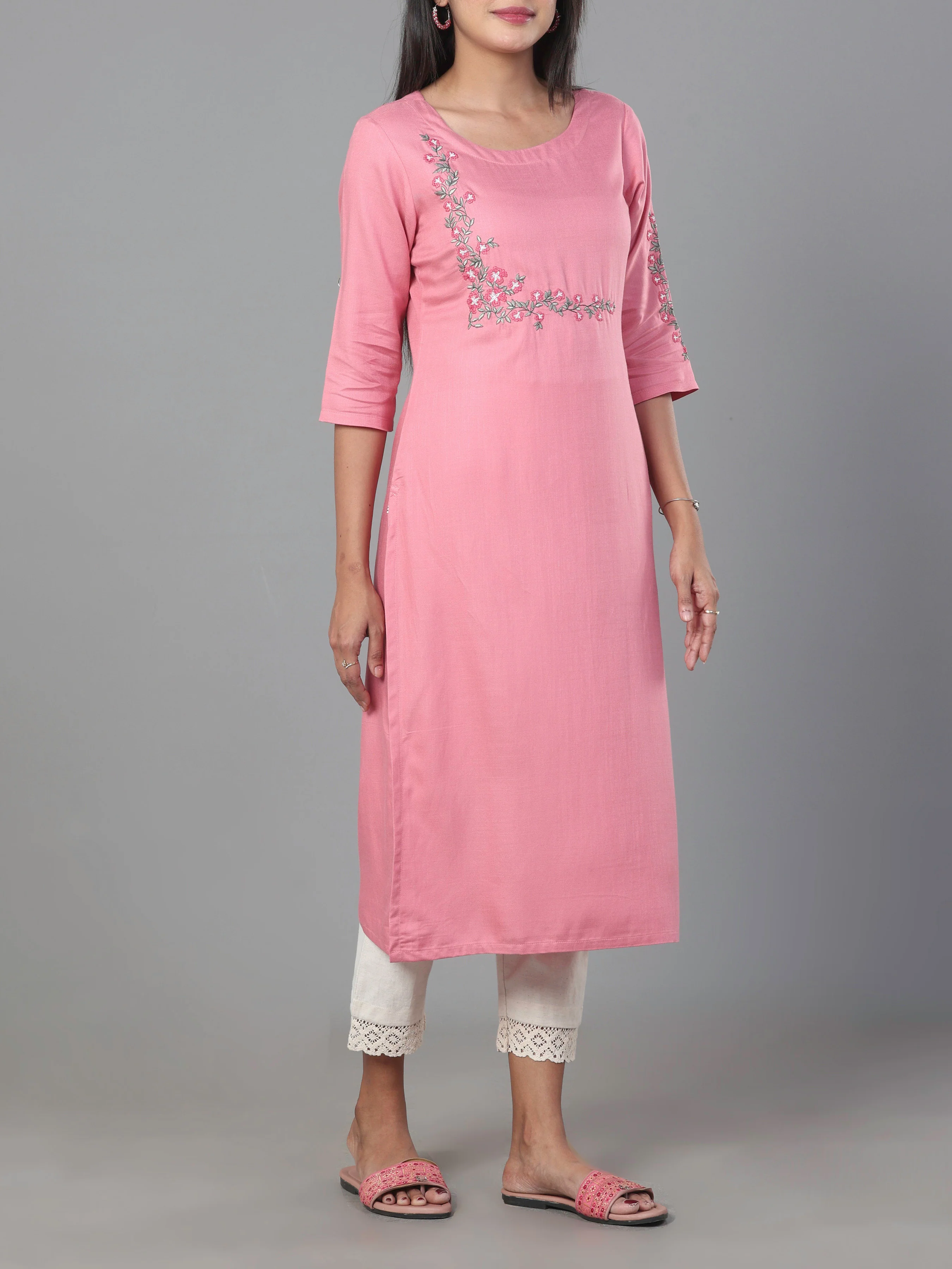 Pink Viscose Twill Plain Kurti With Embroidery - Image 3