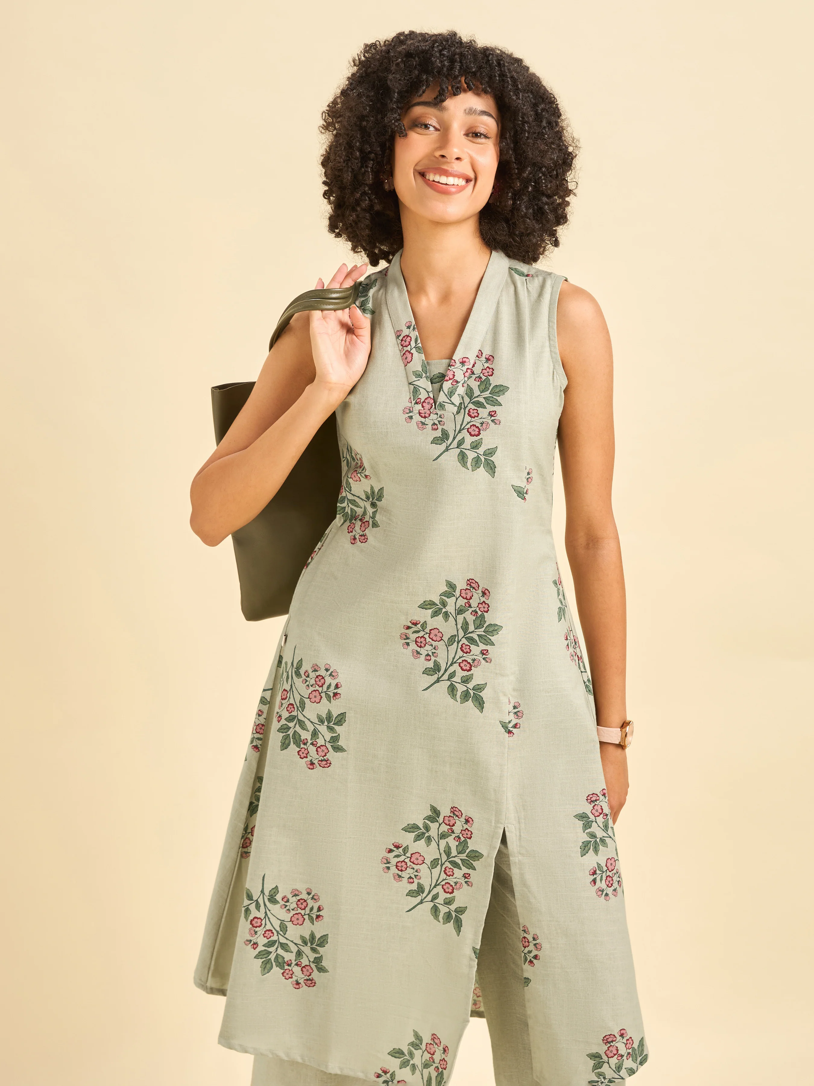 Pista Green Cotton Flax Slub Sleeveless Kurti Set - Image 4