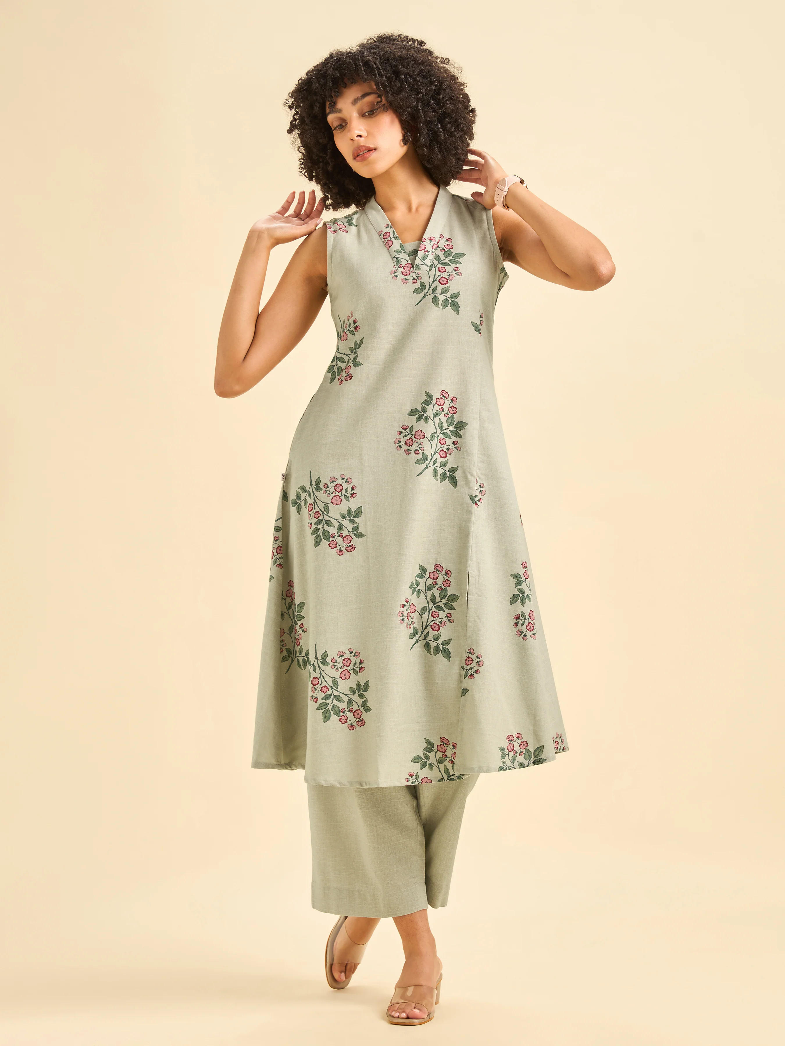 Pista Green Cotton Flax Slub Sleeveless Kurti Set - Image 5