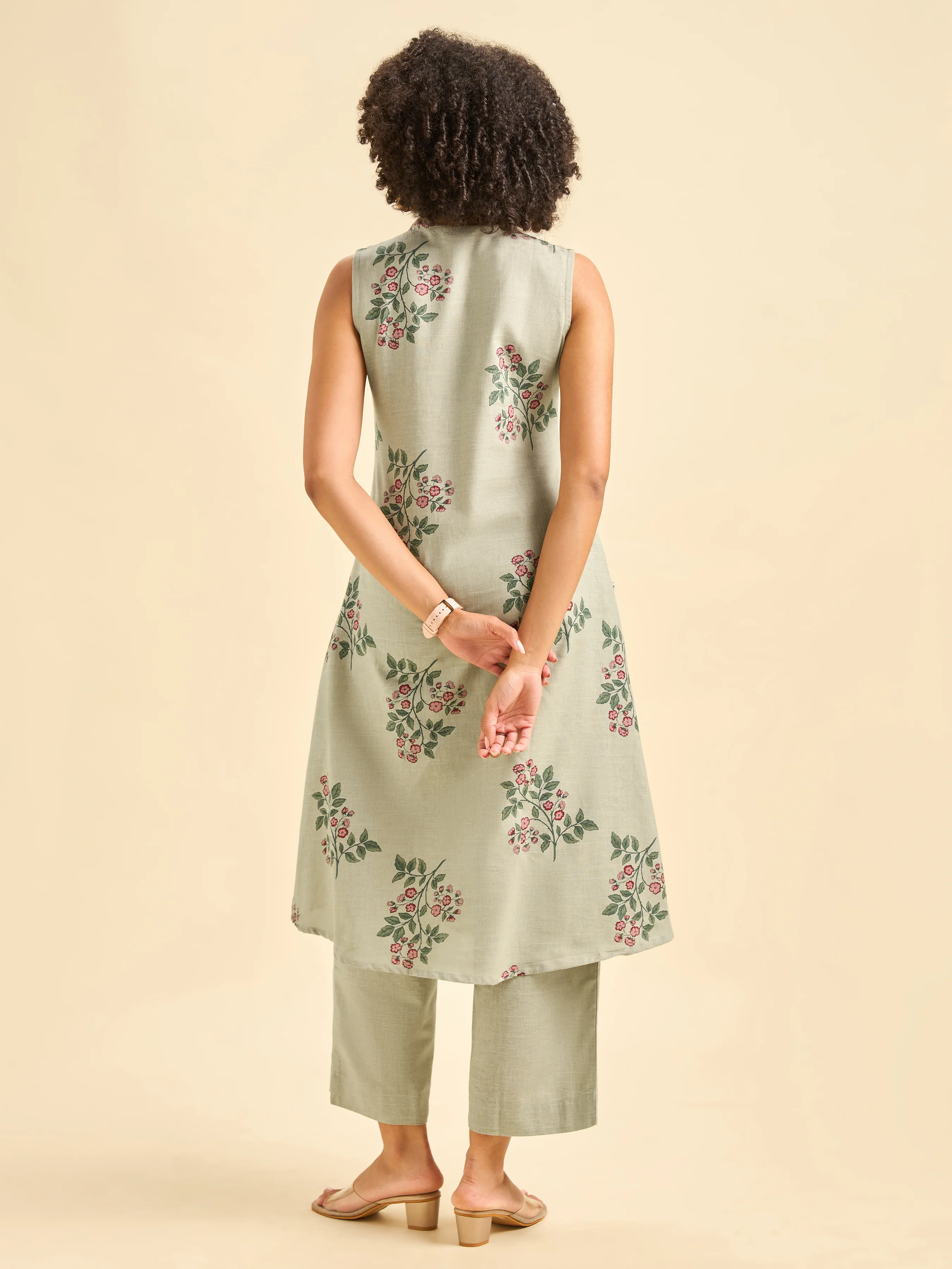 Pista Green Cotton Flax Slub Sleeveless Kurti Set - Image 7
