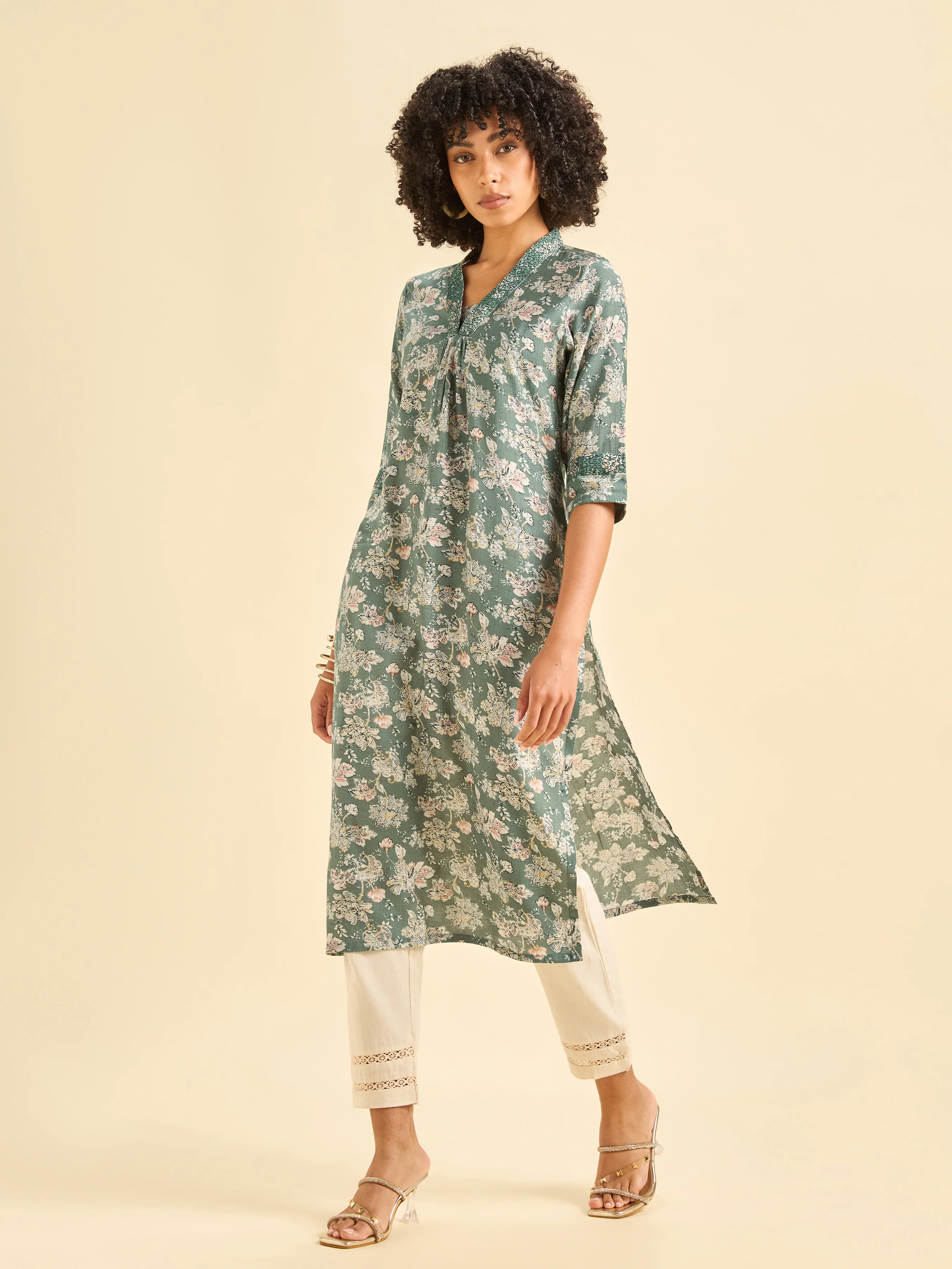 Pista Green Viscose Blend Printed Kurti With Embroidery - Image 4