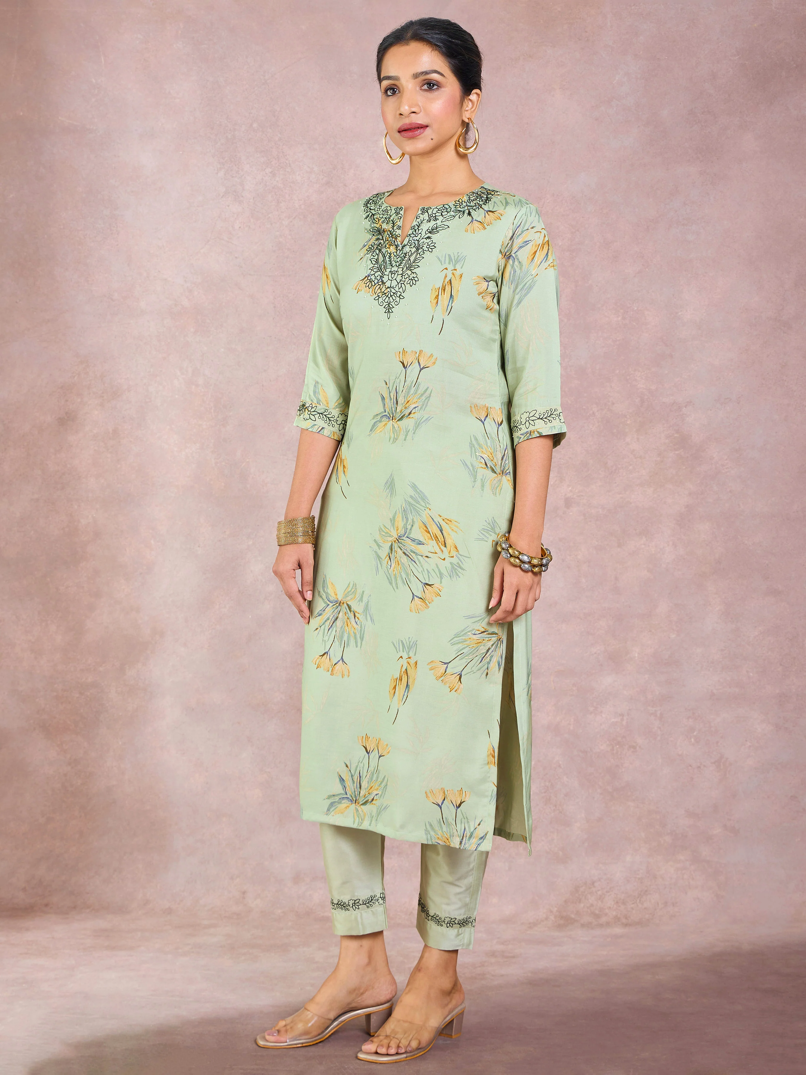 Pista Green Viscose Linen Printed Kurti & Bottom With Hand Work - Image 3