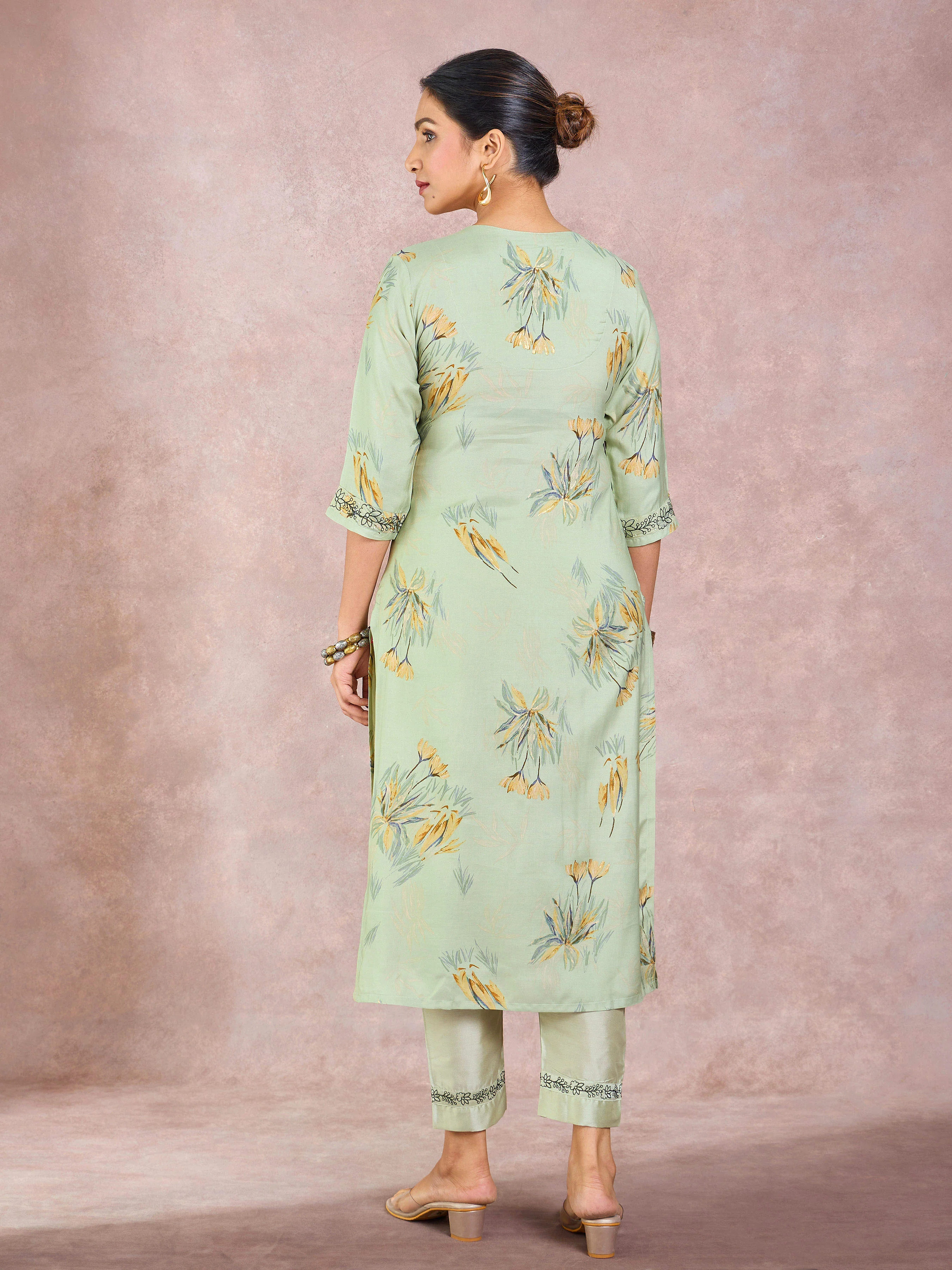 Pista Green Viscose Linen Printed Kurti & Bottom With Hand Work - Image 7
