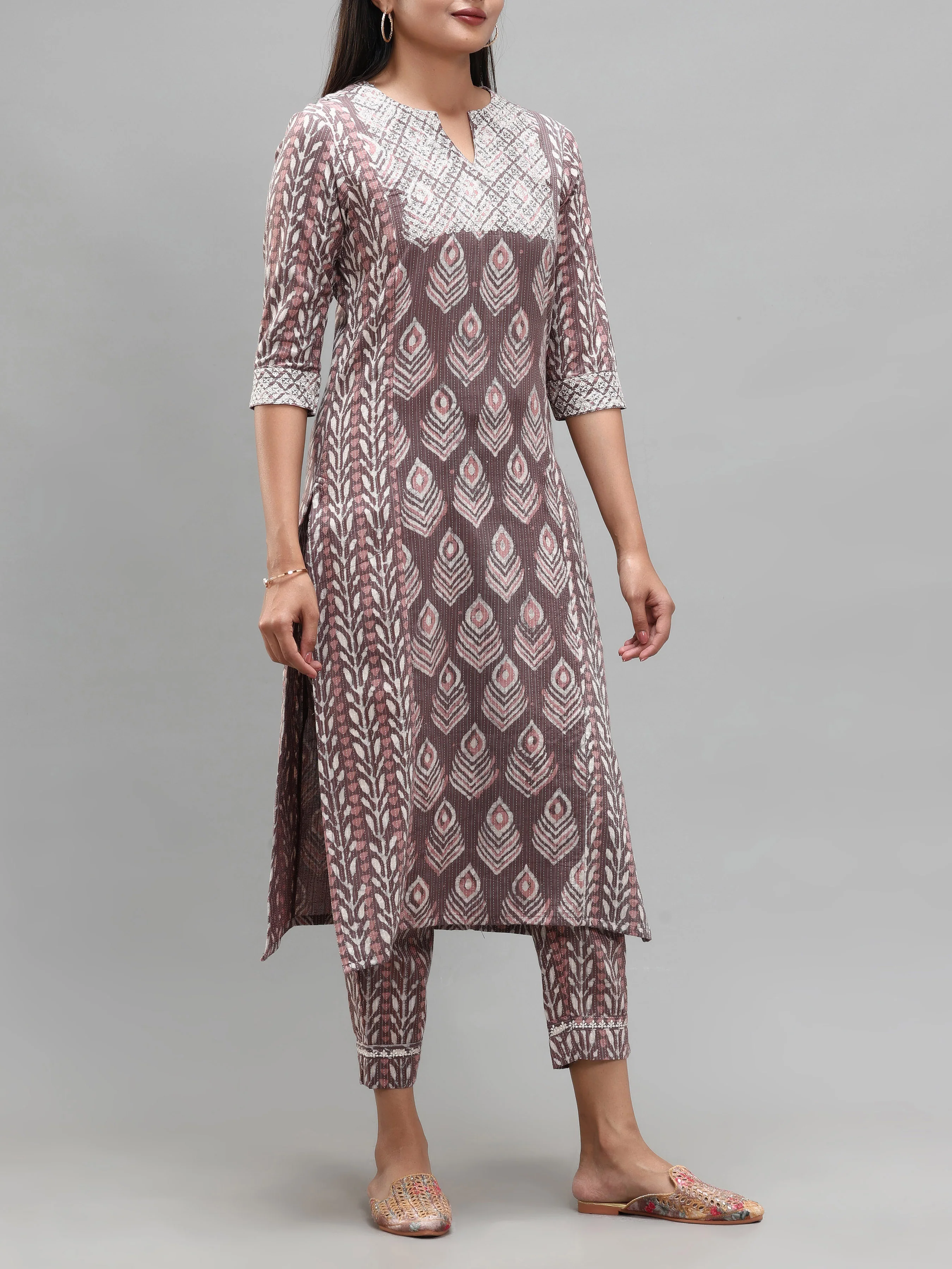 Purple Pure Cotton Printed Kurti With Embroidery And Matching Bottom - Image 3