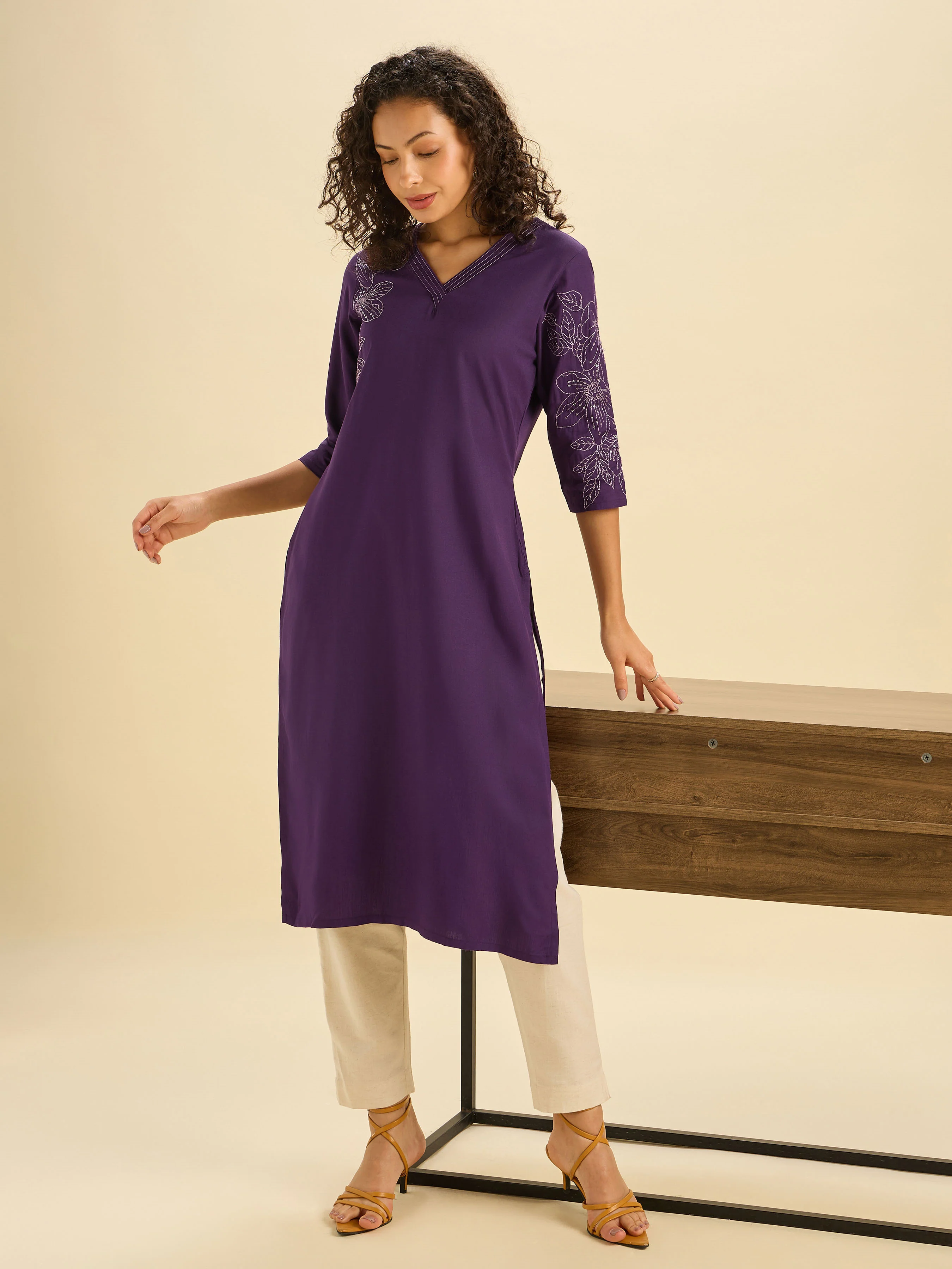 Purple Viscose Blend Slitted Kurti With Embroidery And Sequins - Image 4