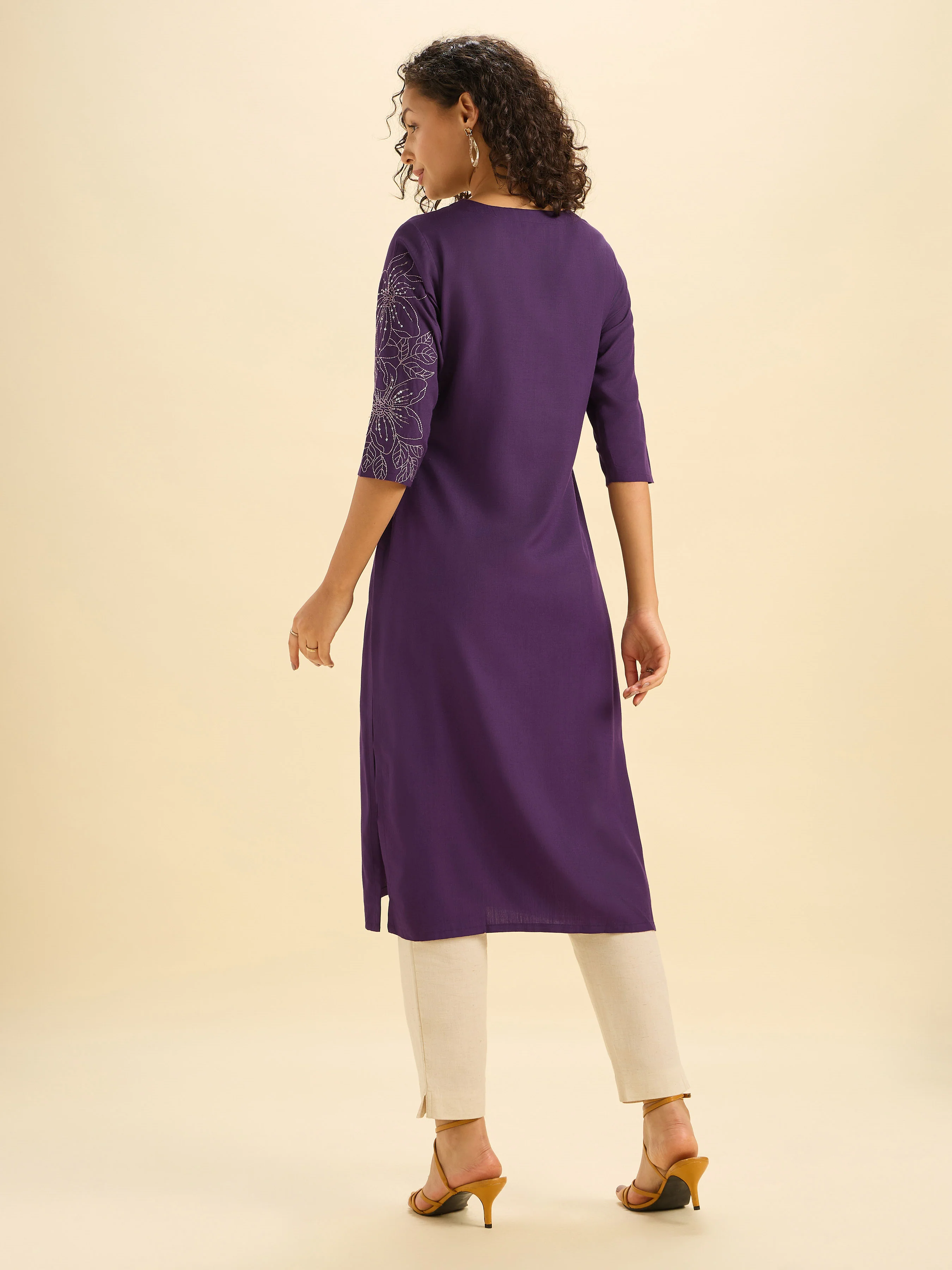 Purple Viscose Blend Slitted Kurti With Embroidery And Sequins - Image 6