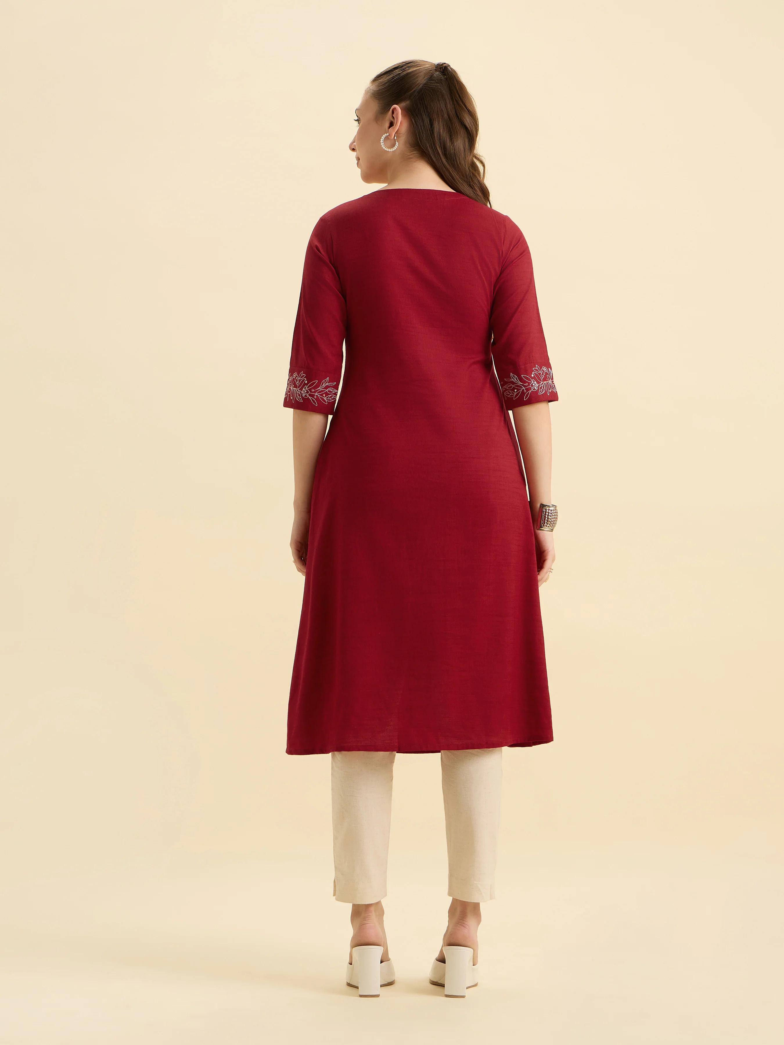 Red Cotton Viscose Angrakha Kurta With Sequence Embroidery - Image 7