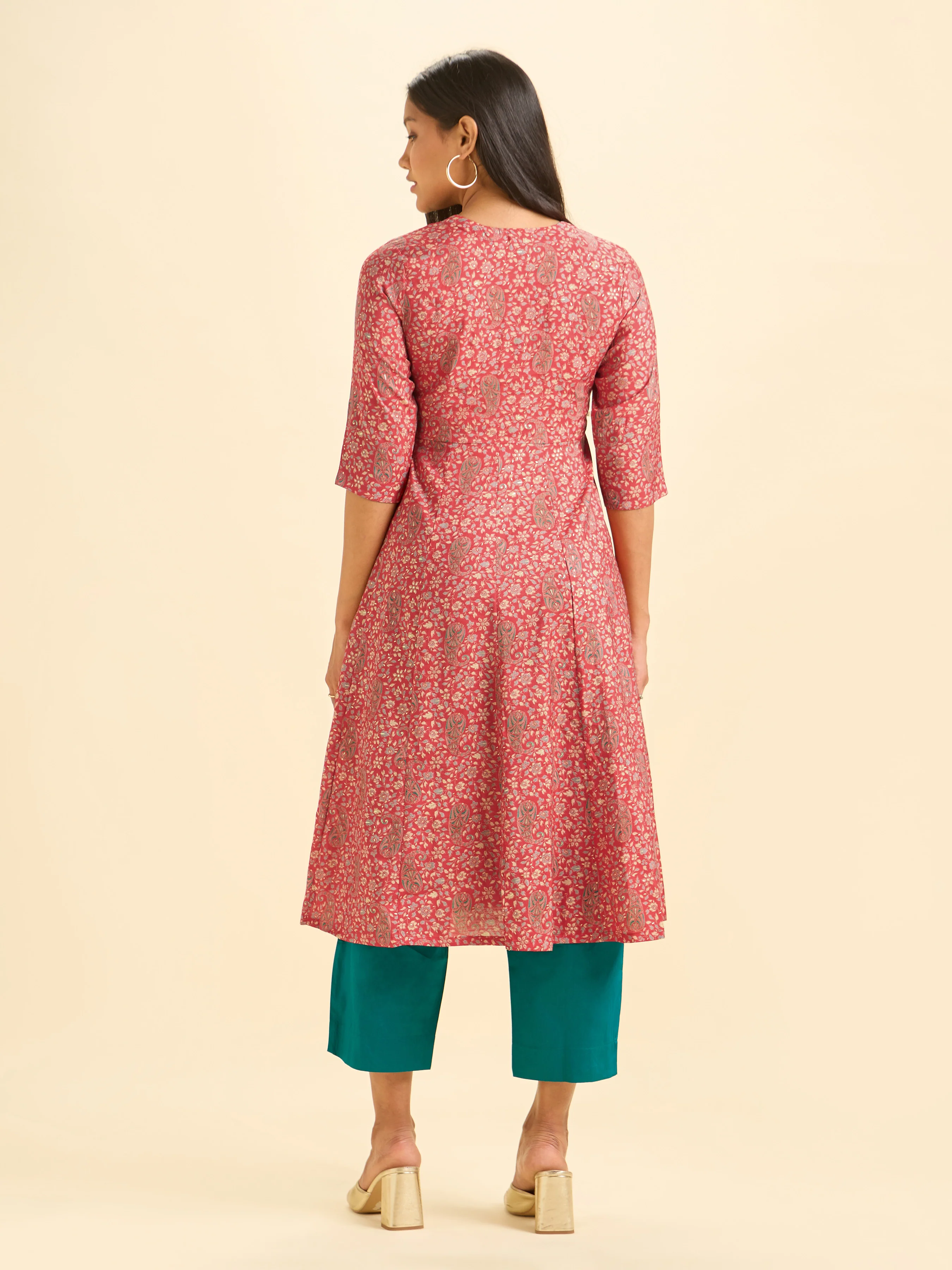 Red Modal Chanderi Kali Cut Kurti Set With Embroidery Sequins Work - Image 6