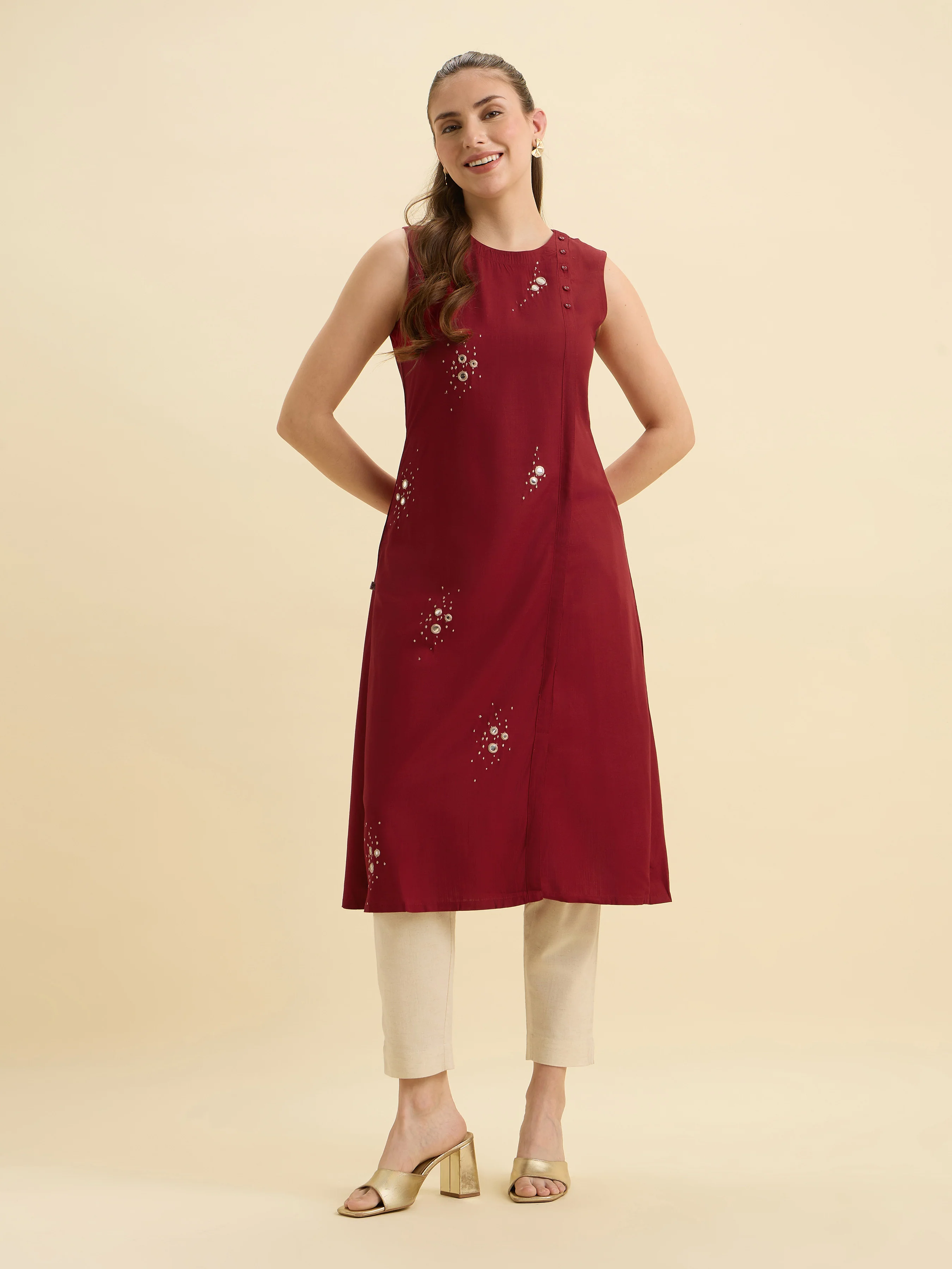 Red Viscose Slub Kurti With Side Placket And Mirror Embroidery