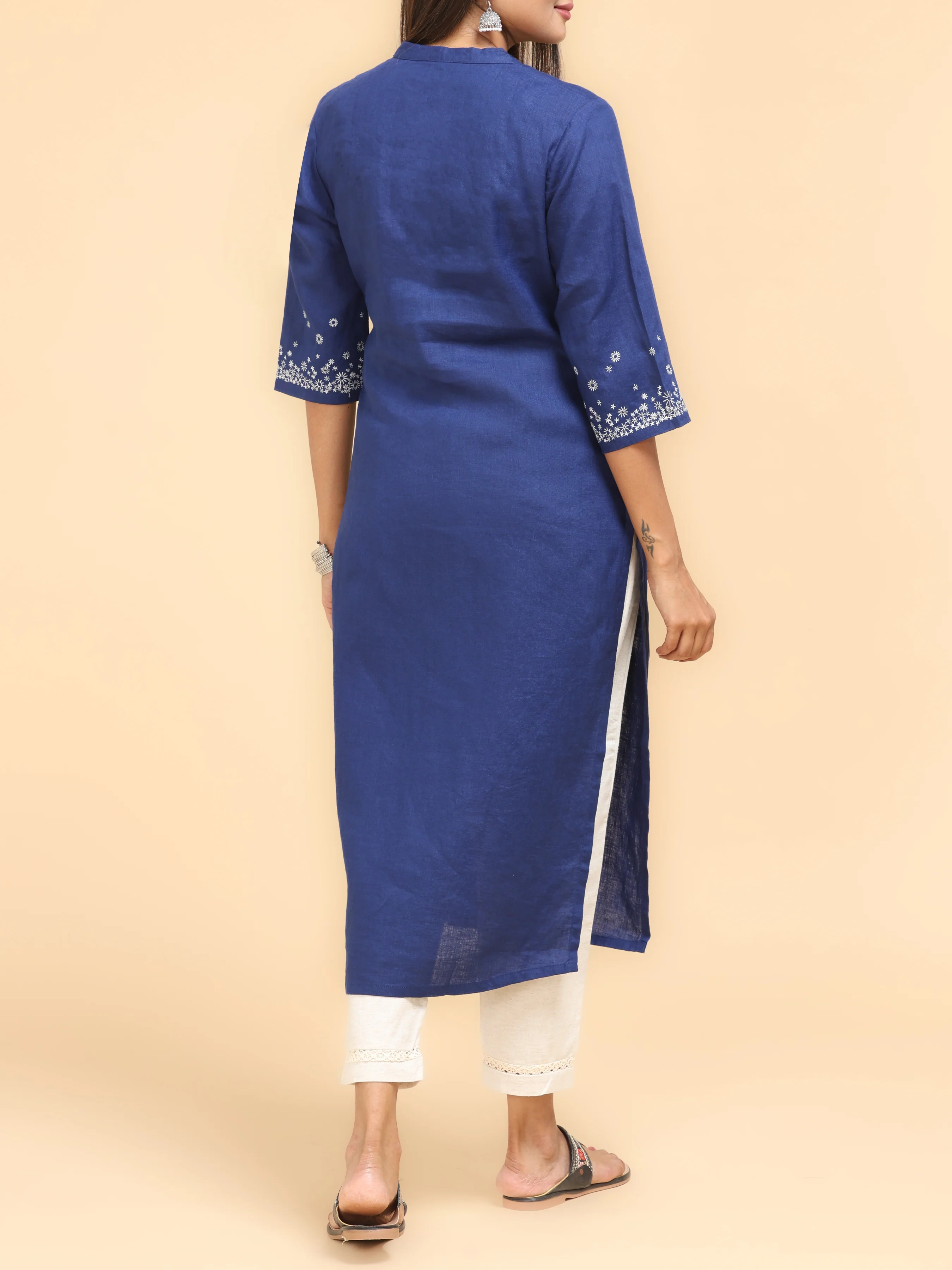 Royal Blue Cotton Linen Kurti With Embroidery - Image 5