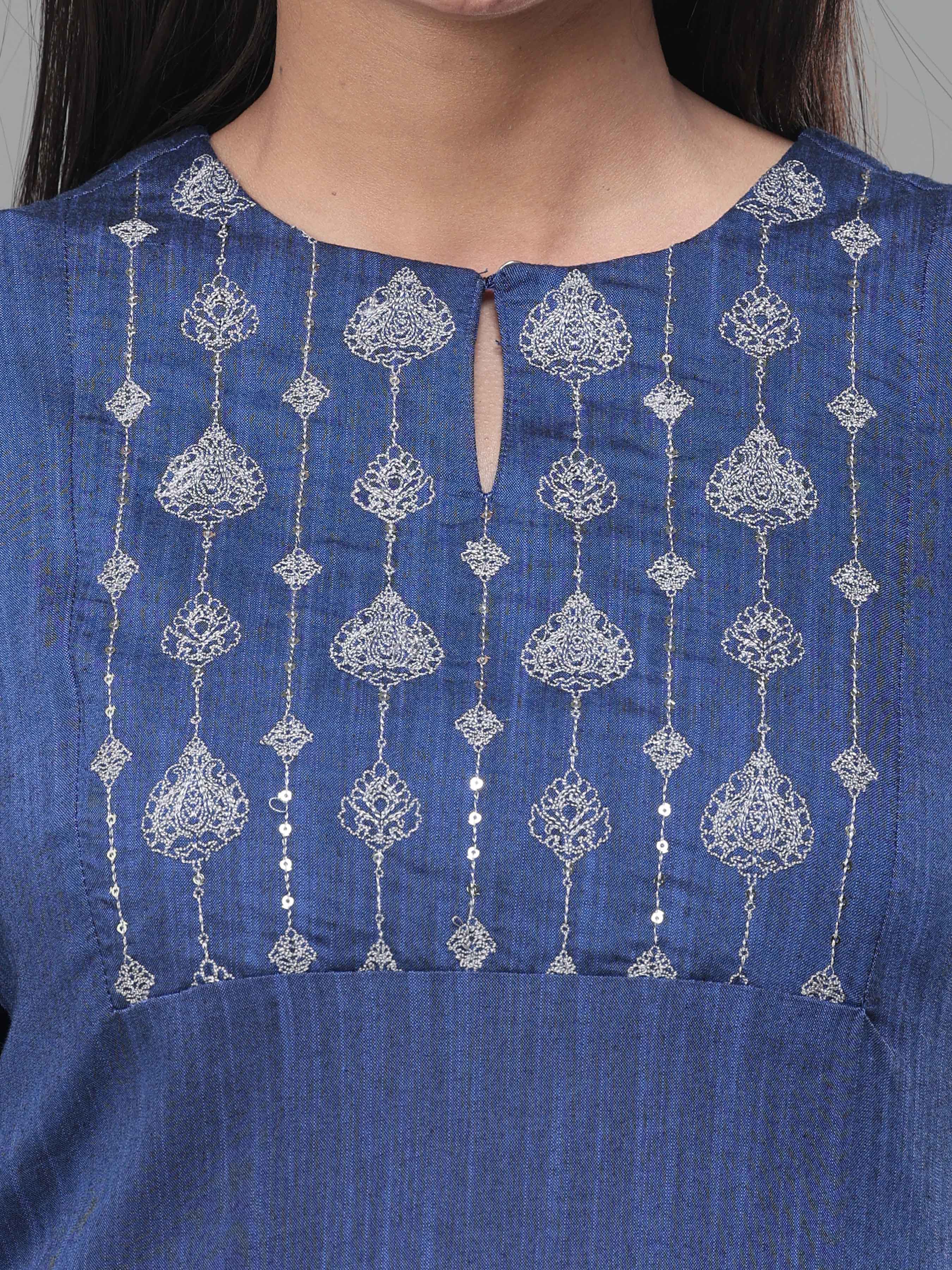 Royal Blue Viscose Slub Kurti With Embroidery - Image 2