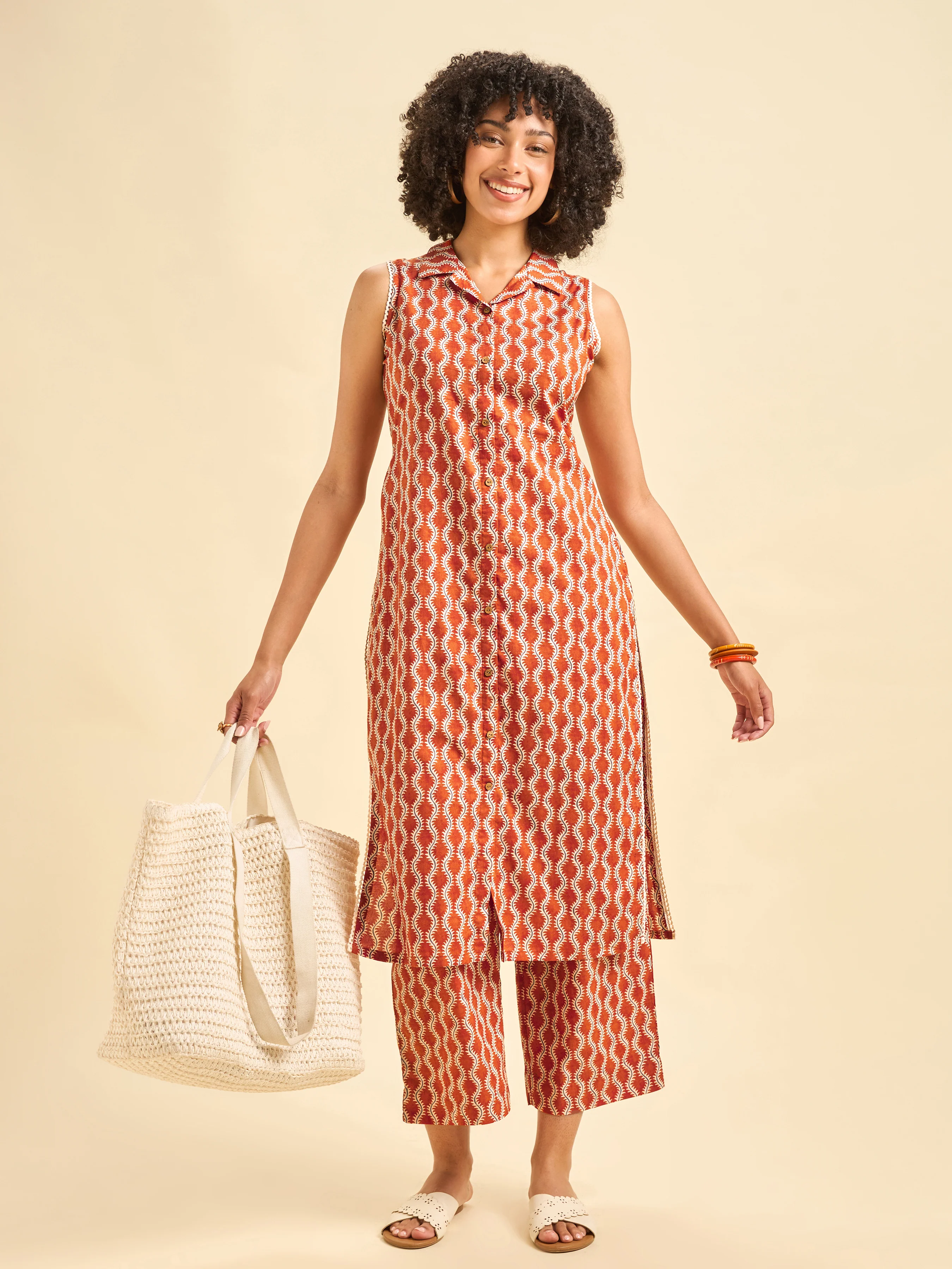 Rust Orange Cotton Printed Co-Ord Set With Lace - Image 3