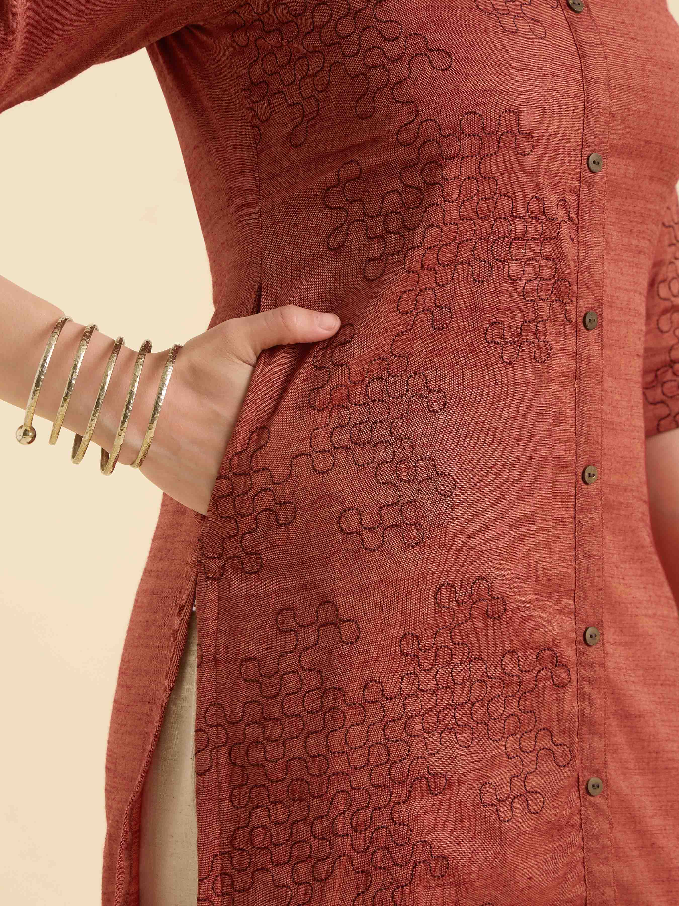 Rust Orange Cotton Viscose Slitted Kurti With Embroidery And Curved Hemline - Image 4