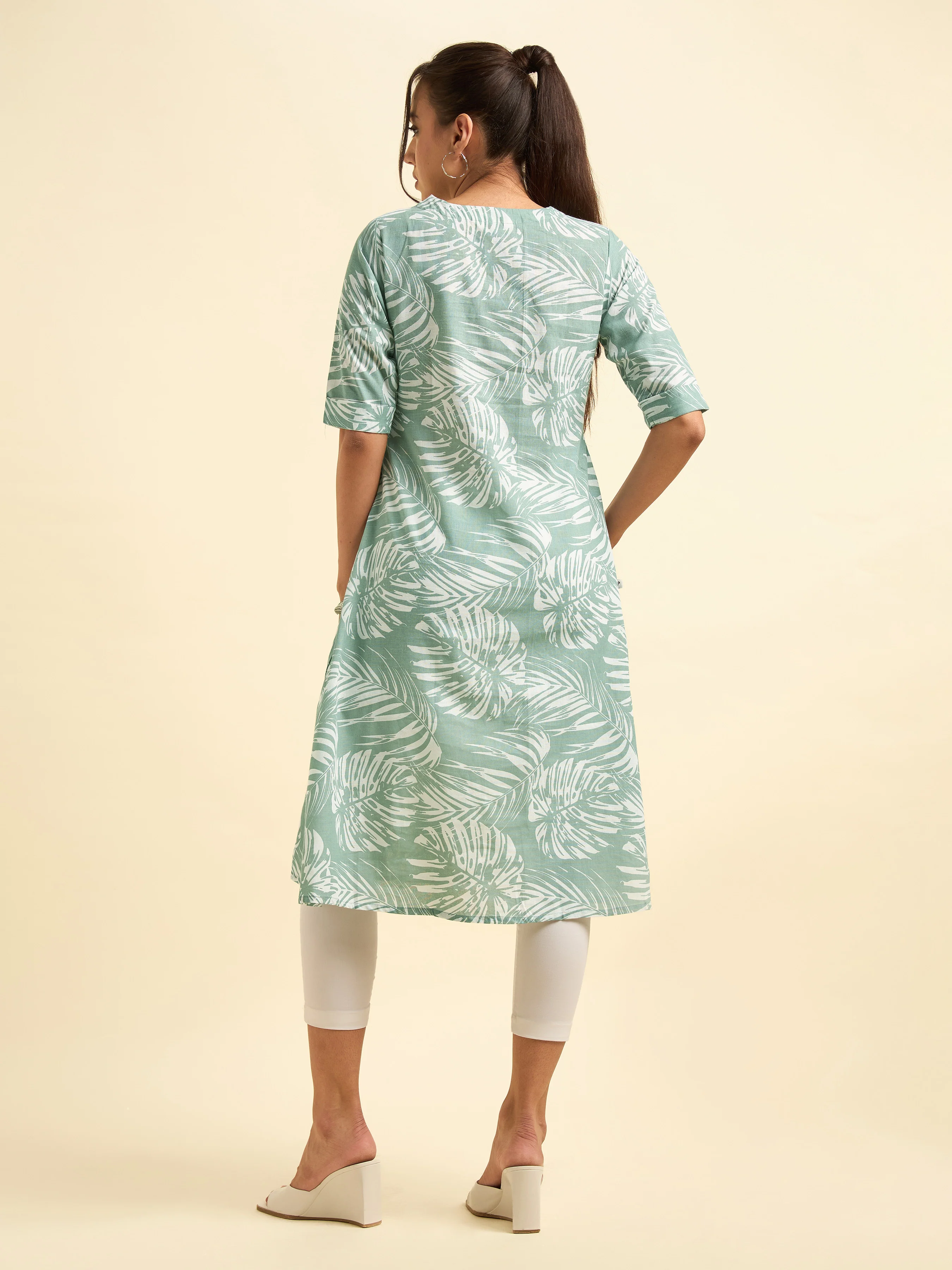 Sage Green And White Cotton Linen Printed Flared Kurti With Knife Pleat - Image 5