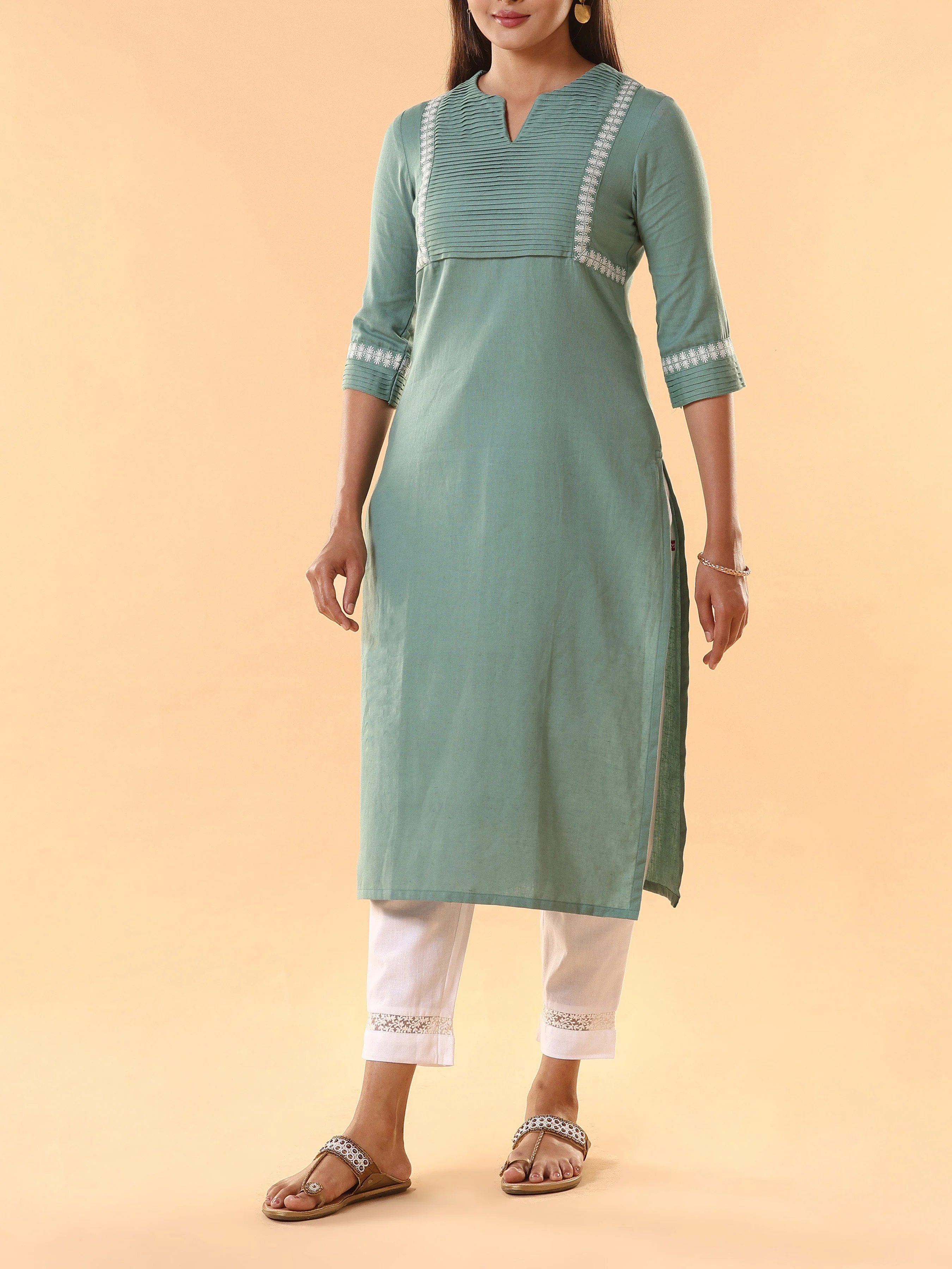 Sage Green Cotton Flax Plain Kurti With Embroidery - Image 4