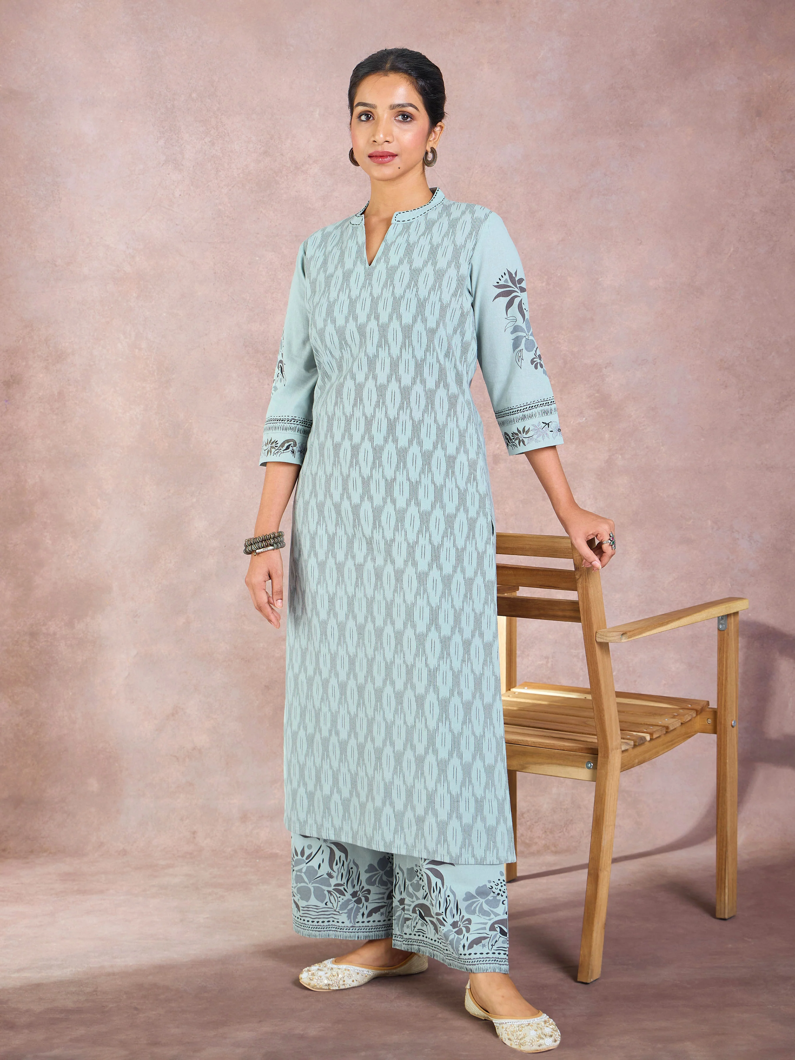 Sage Green Cotton Flax Printed Kurti Set With Embroidery - Image 3