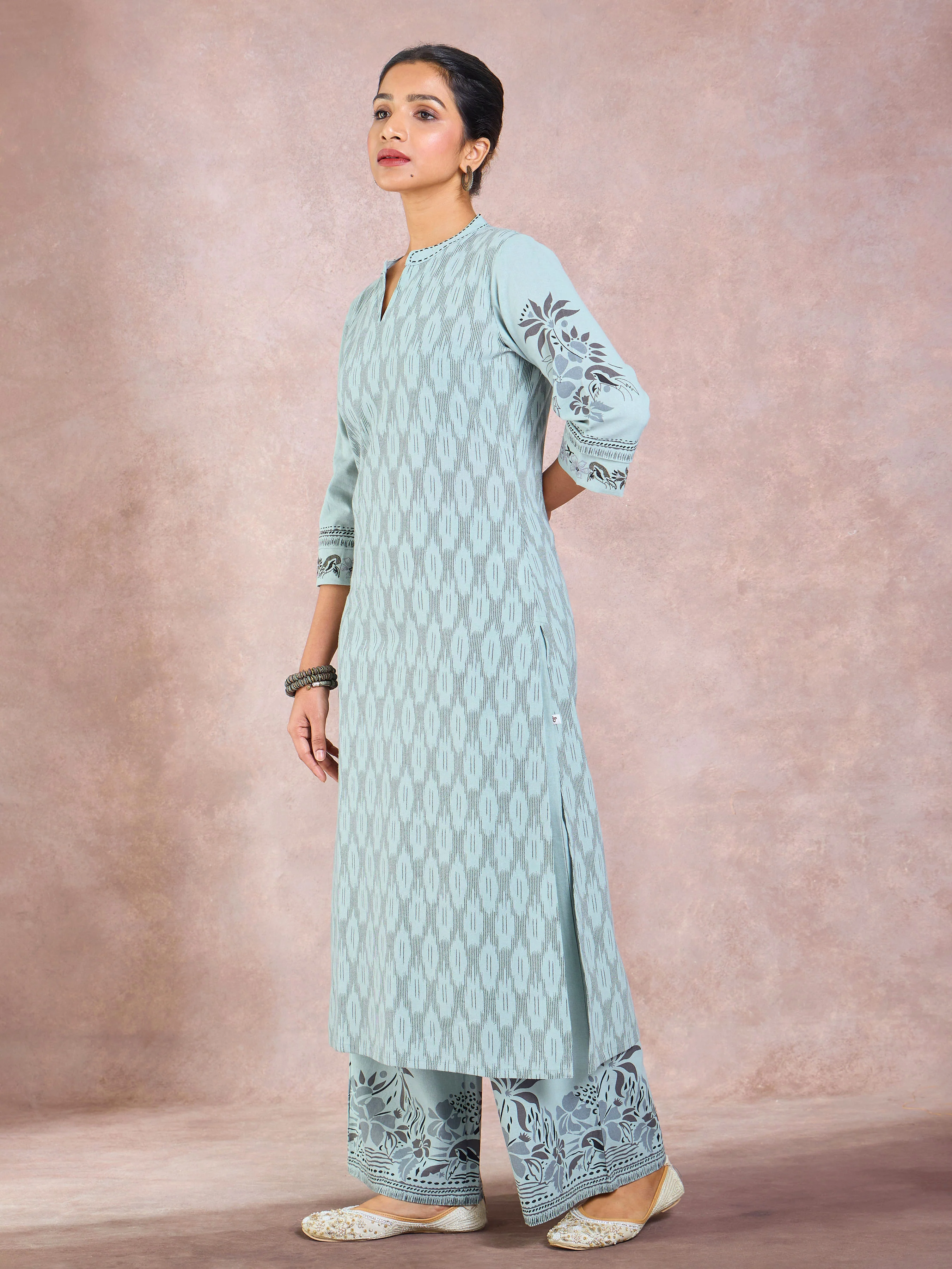 Sage Green Cotton Flax Printed Kurti Set With Embroidery - Image 4