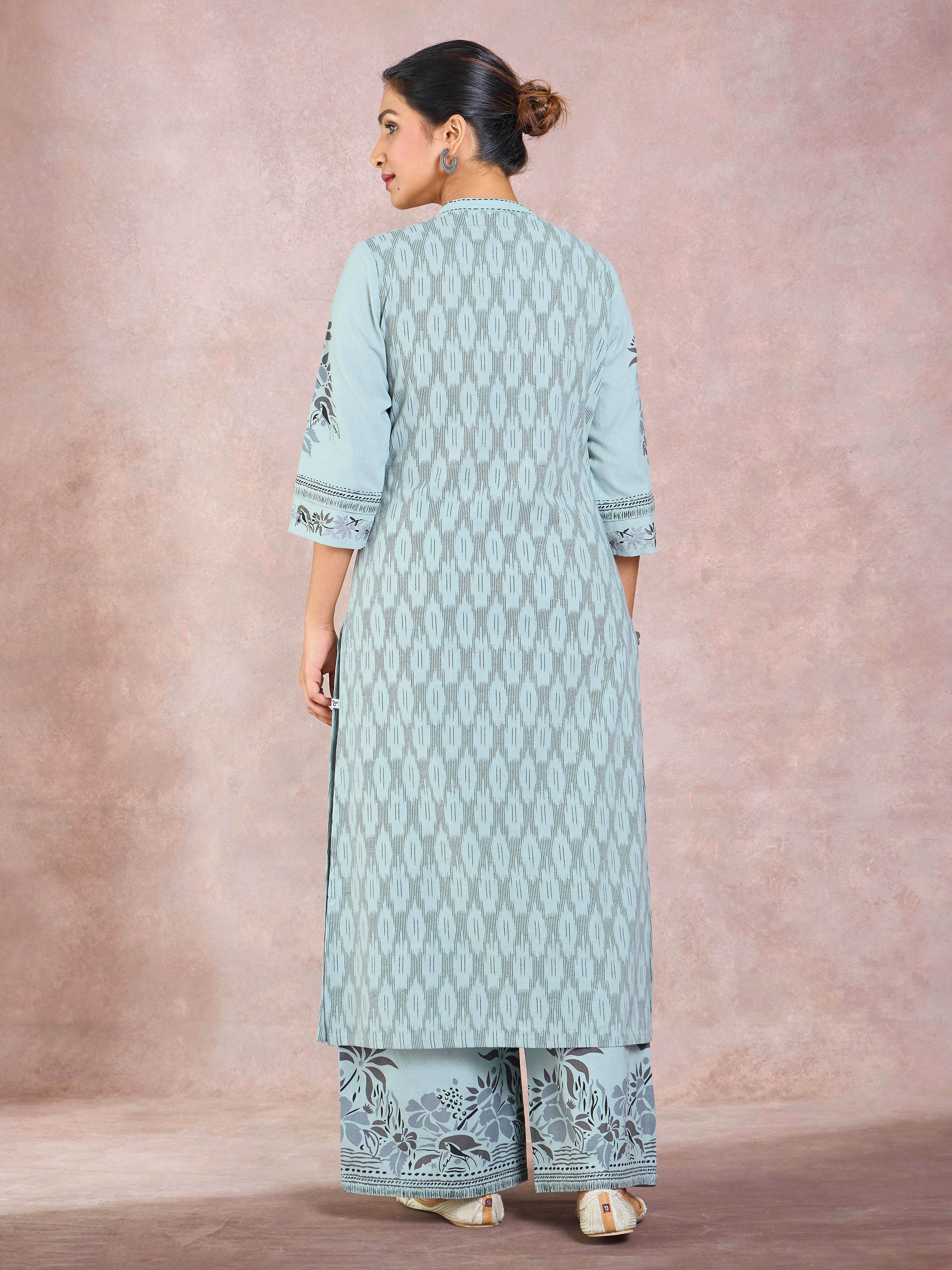 Sage Green Cotton Flax Printed Kurti Set With Embroidery - Image 5