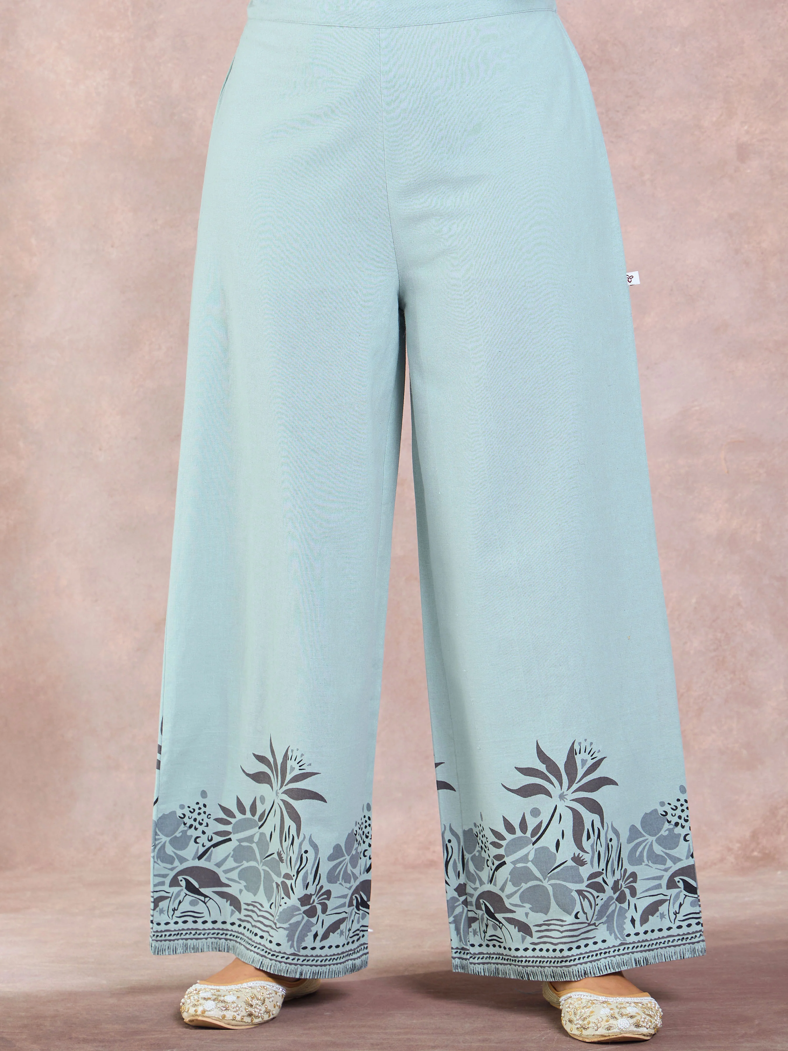 Sage Green Cotton Flax Printed Kurti Set With Embroidery - Image 6