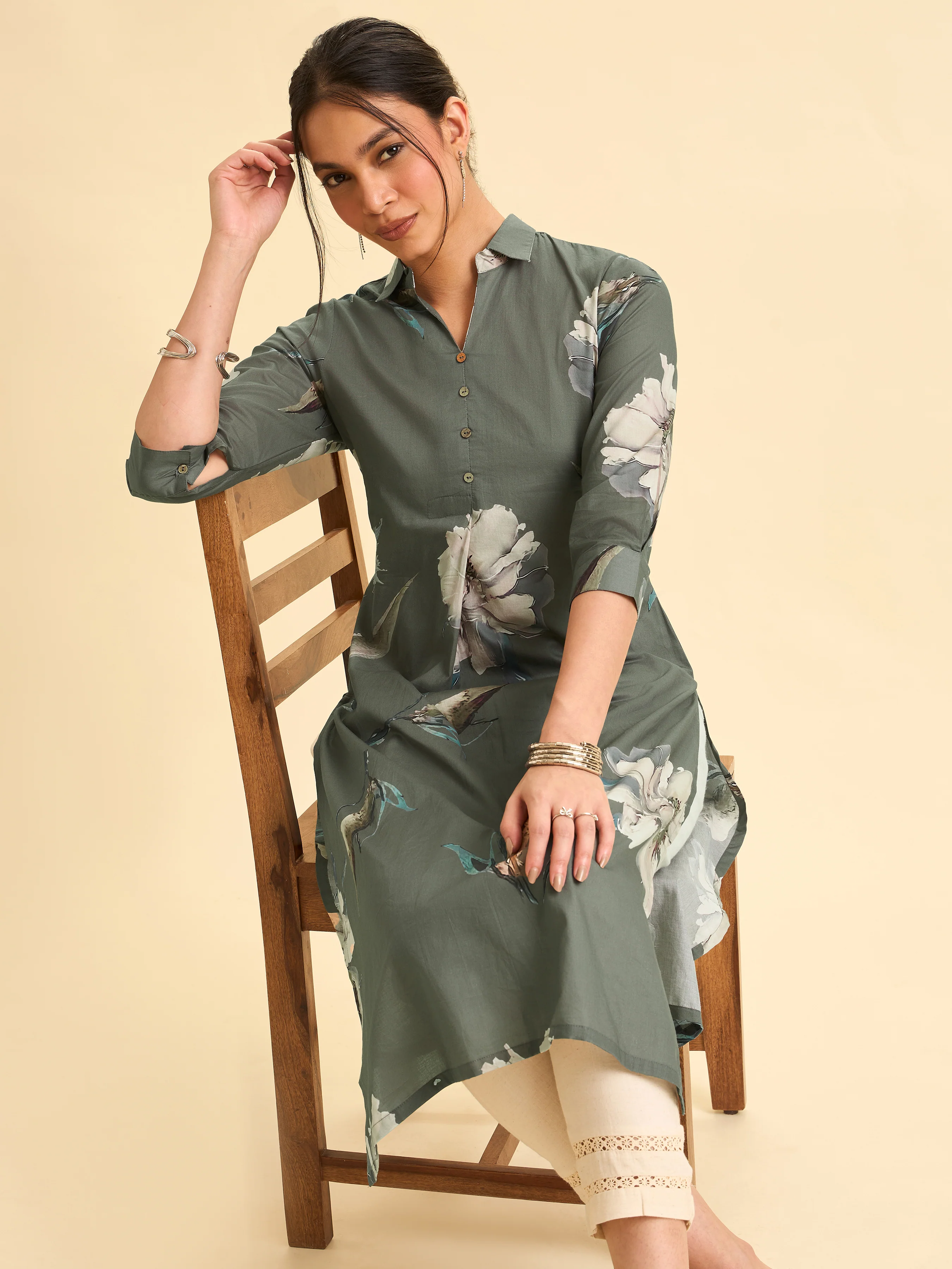 Sage Green Cotton Printed Kurti With Knife Pleat - Image 2